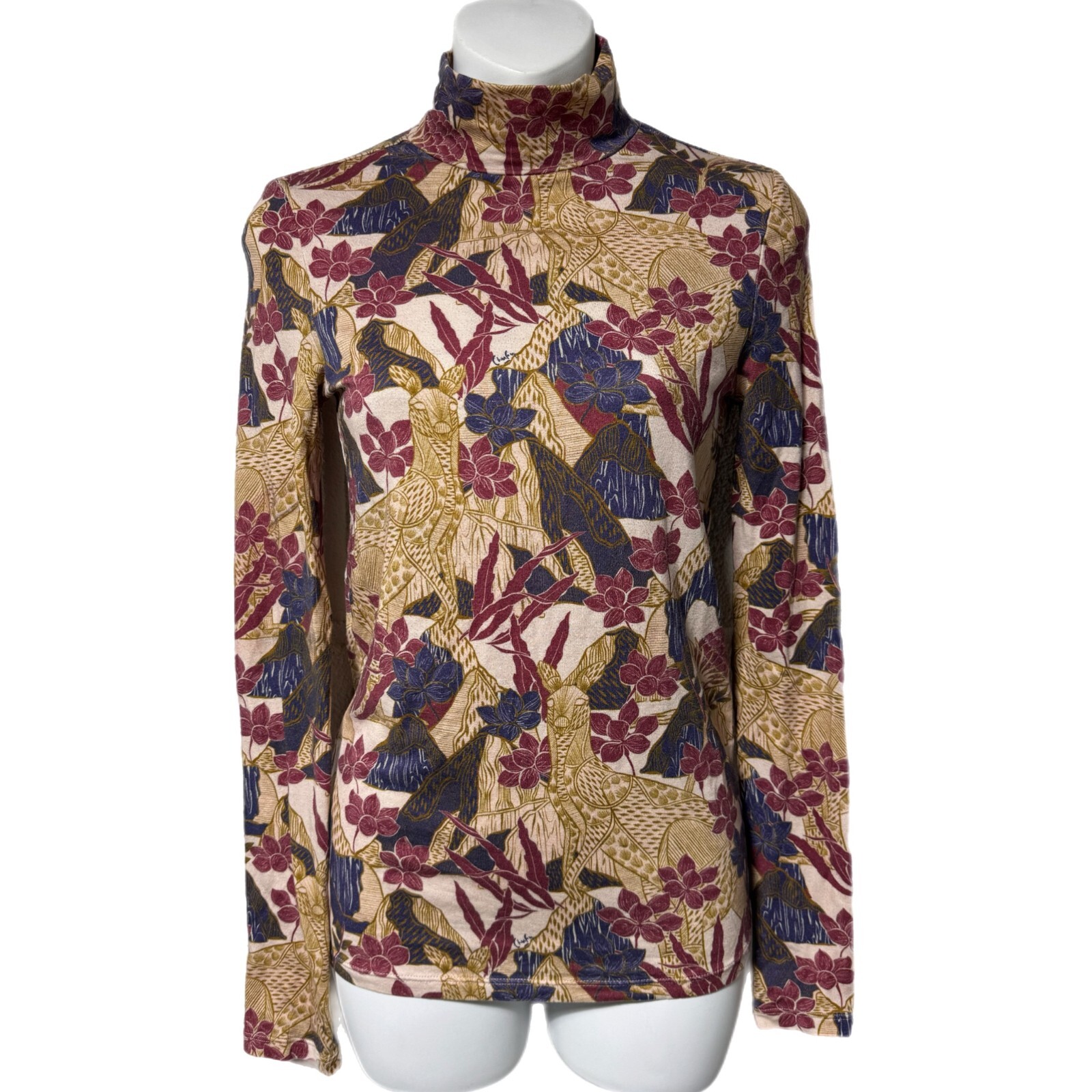 Chufy Whimsical Kangaroo Floral Print Long Sleeve Mock Neck Shirt XS Boho