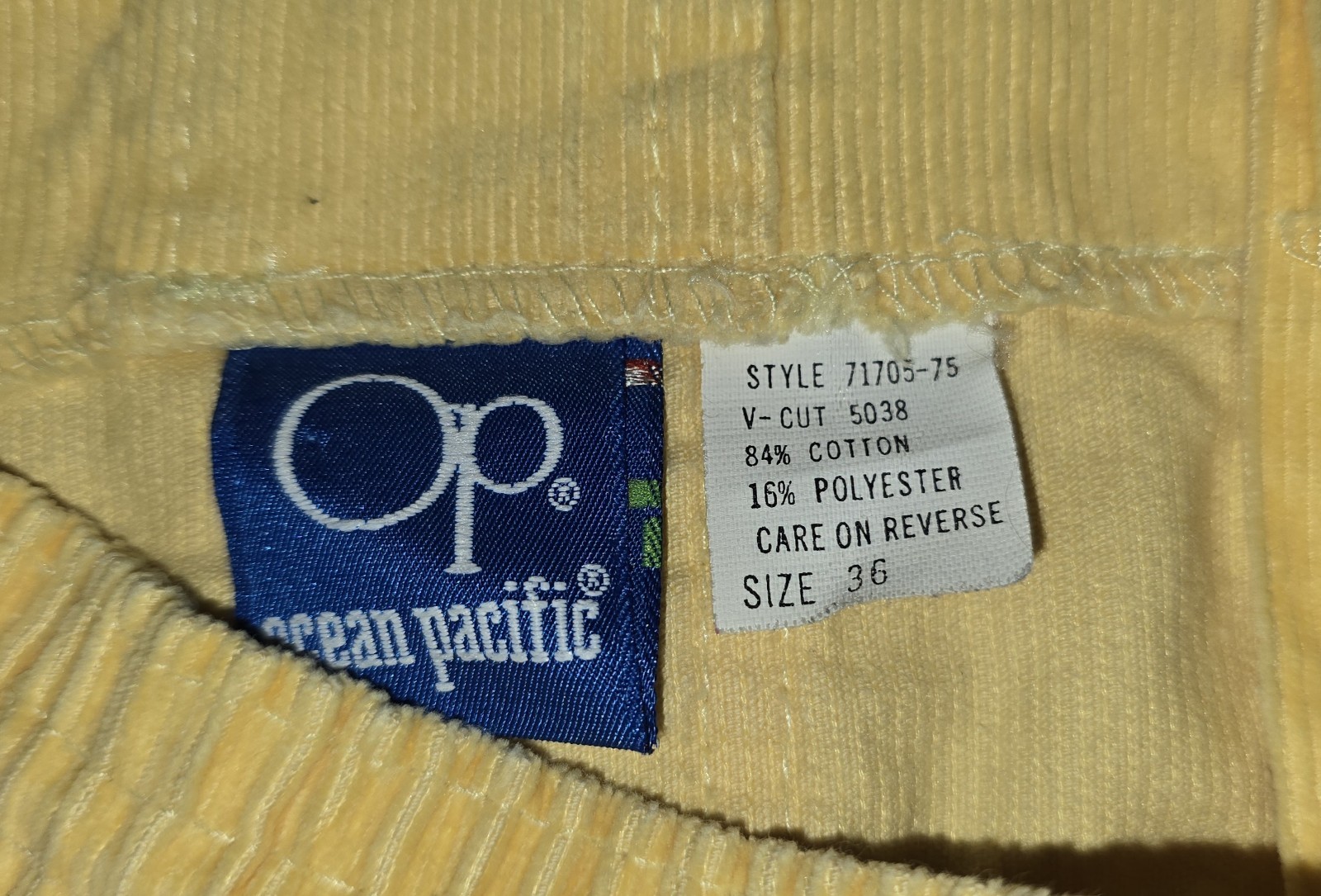70s 80s Vintage Yellow Ocean Pacific OP Corduroy Beach Shorts Sz 36