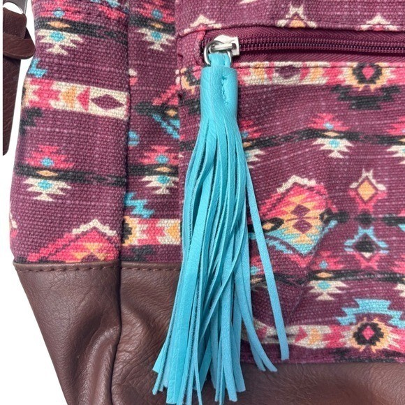 Southwestern Canvas Backpack Burgundy Brown Boho Multiple Pockets Medium
