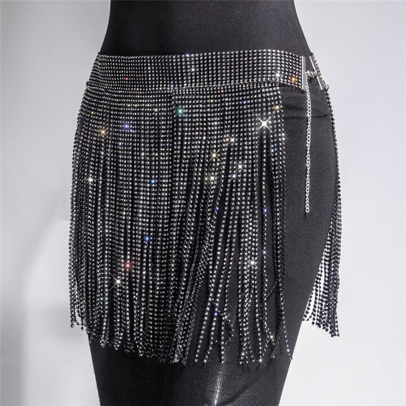 Women Rhinestone Glitter Tasseled Skirt Fringe Waist Chain Dancewear Accessories