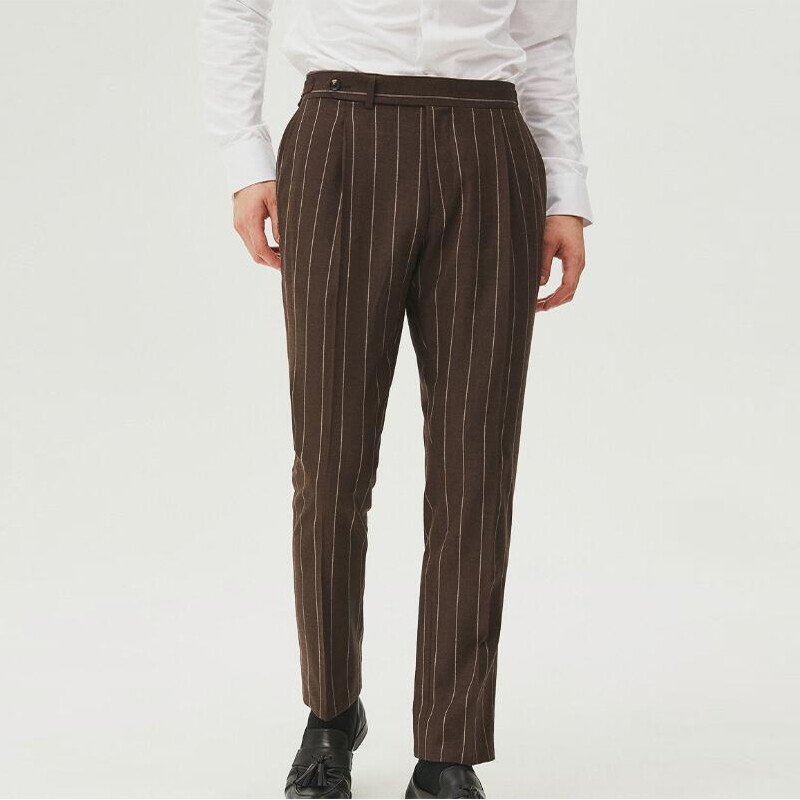 Men Brown Pinstripe Suits Double Breasted Jacket Pant Peak Lapel Business Office