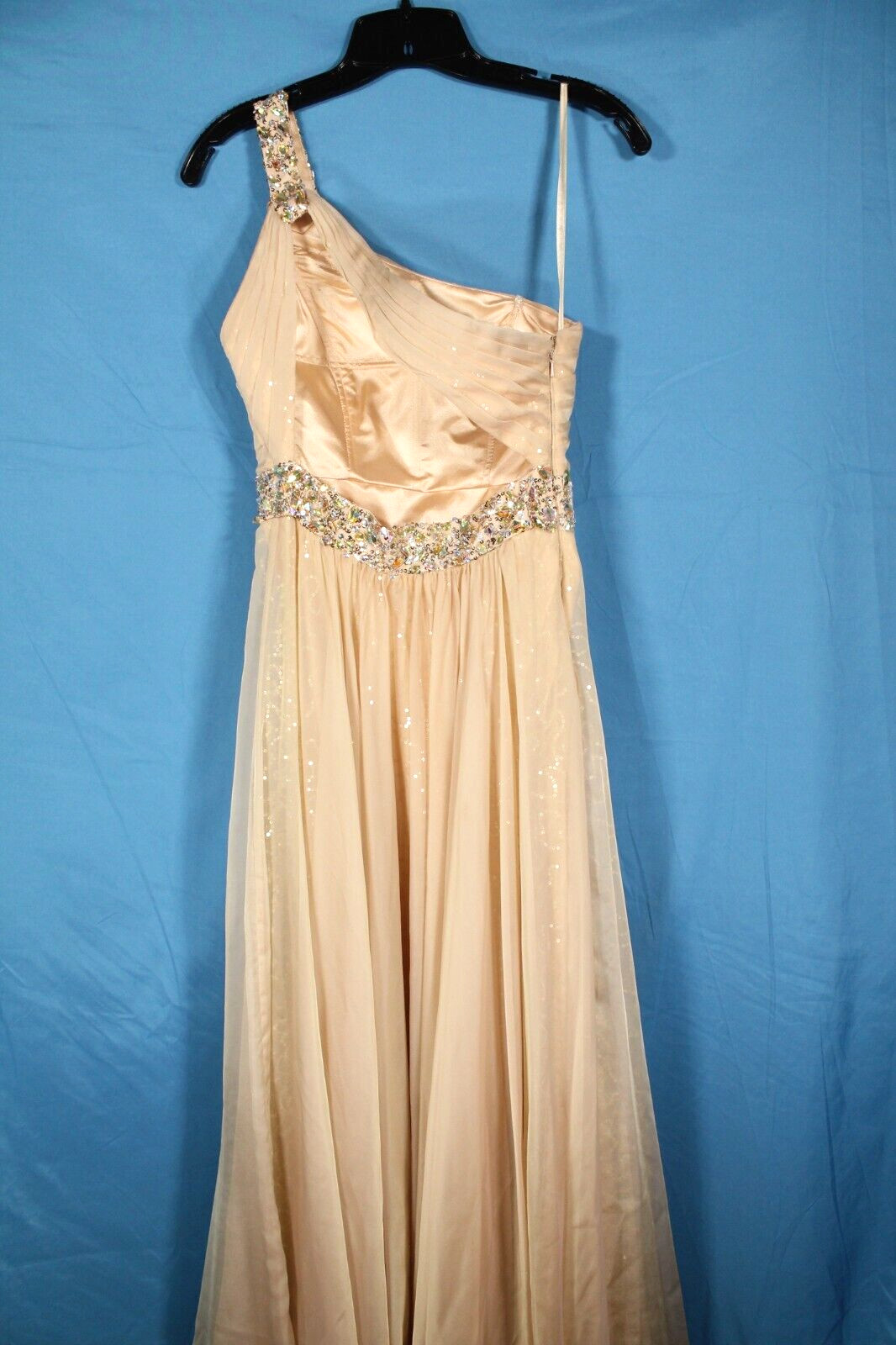 LA FEMME Champagne CHIFFON Beaded/Sequin ONE-SHOULDER Prom/Homecoming Dress Sz 4