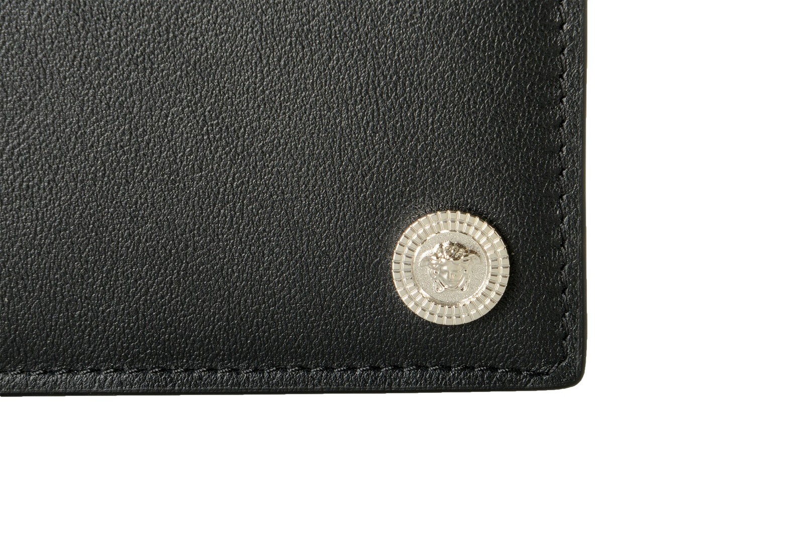 Versace Black Textured 100% Leather Silver Medusa Head Bifold Wallet