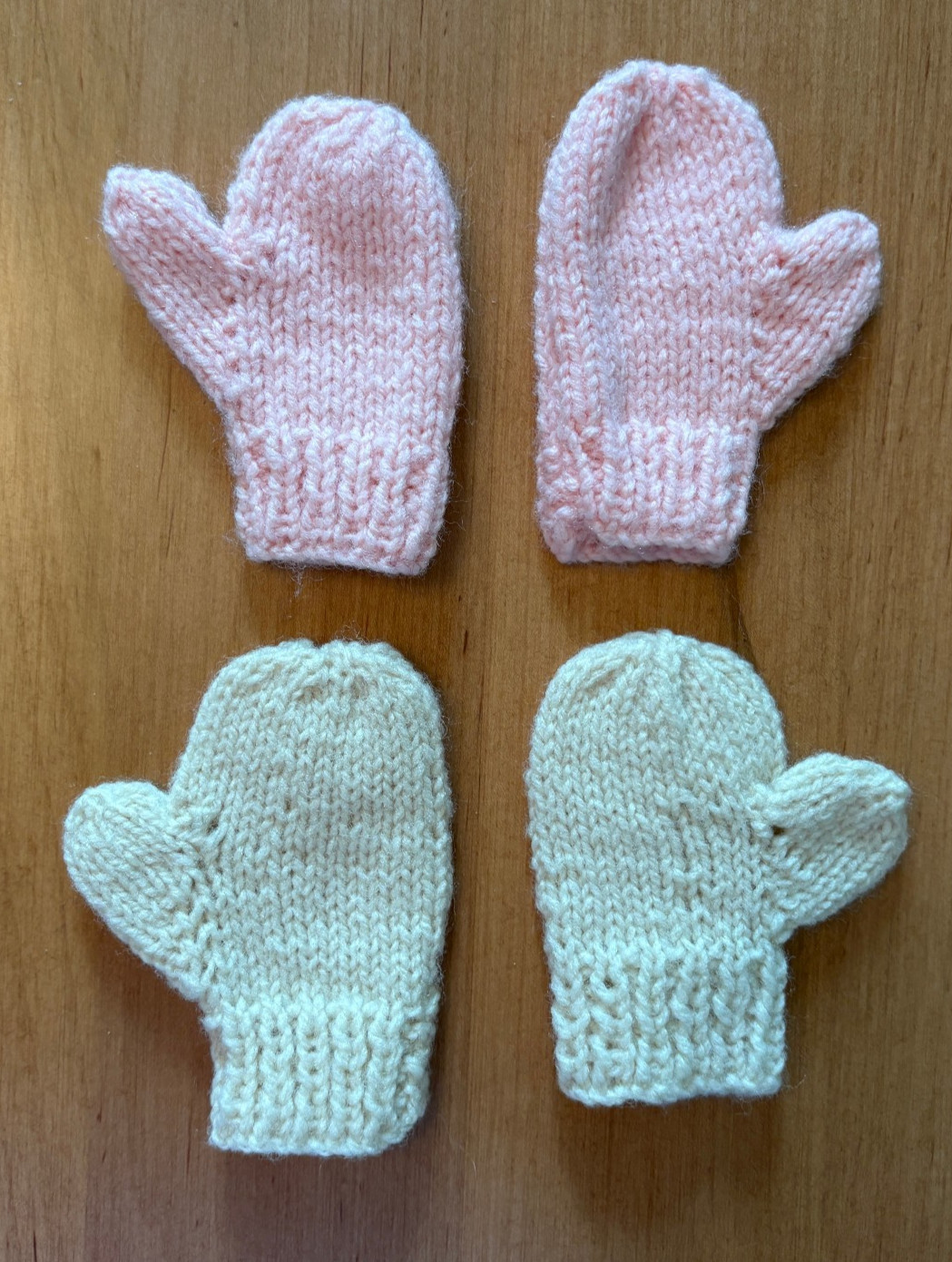 Lot of 2 New Handmade Newborn Baby Knit Mittens in Pink and Ivory – 3.5 In Long