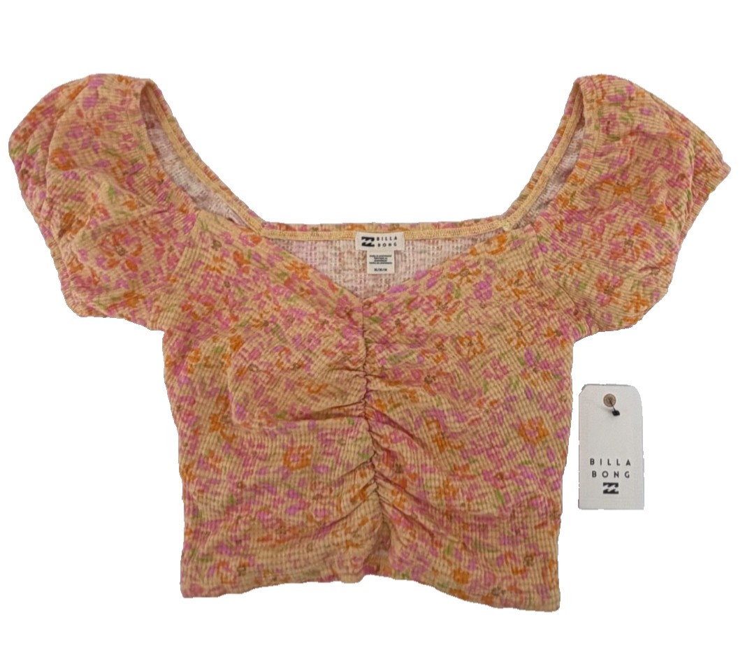 Billabong Floral Crop Top Women’s M Smocked Puff Sleeve Pretty Sweet NWT