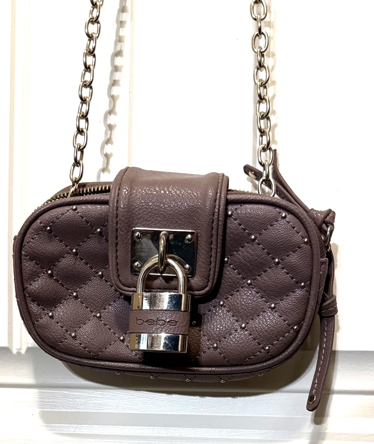 bebe Quilted Studded Crossbody Purse Mauve Taupe Padlock Charm Chain Strap Mini