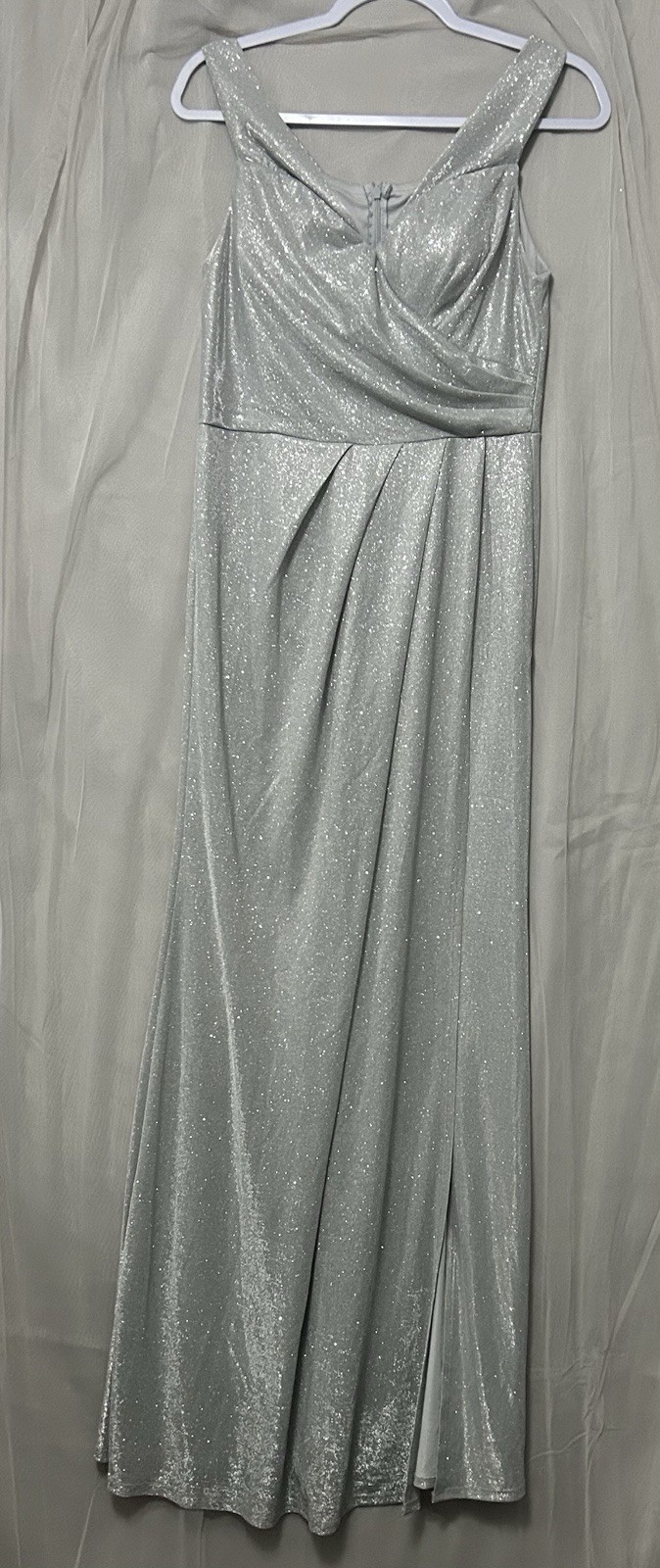 La Scala Silver Glitter V-Neck Long Gown Dress Strappy Sleeveless Lined L