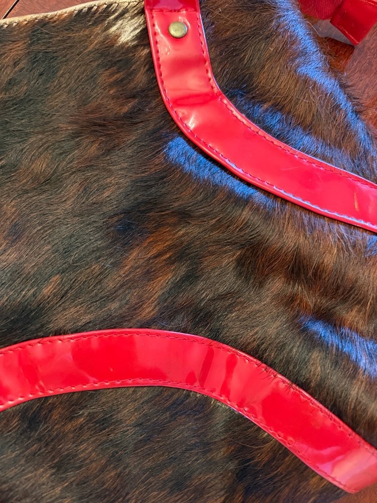 Two-Tone Faux Fur and Red Patent Leather Handbag