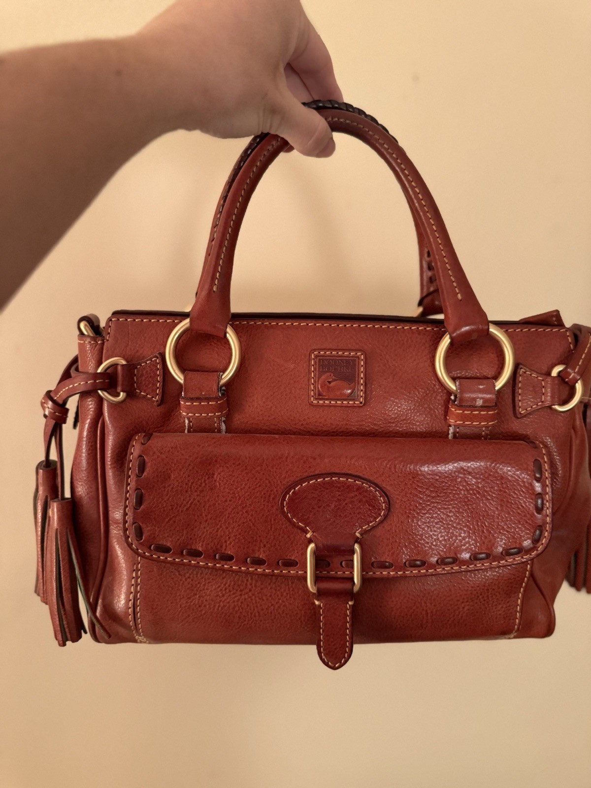 Dooney & Bourke Brown Pebbled Satchel Top Handle Zip Tassel Gold Hardware