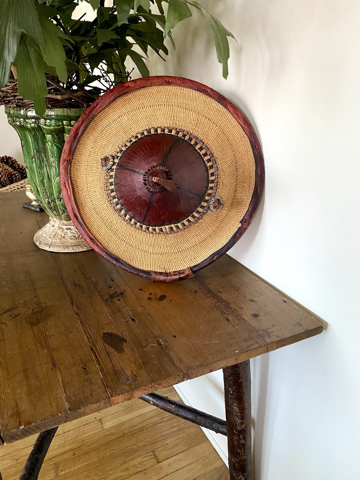 Antique African Ghanaian Hat ~ Traditional Conical Woven Straw & Leather ~19in