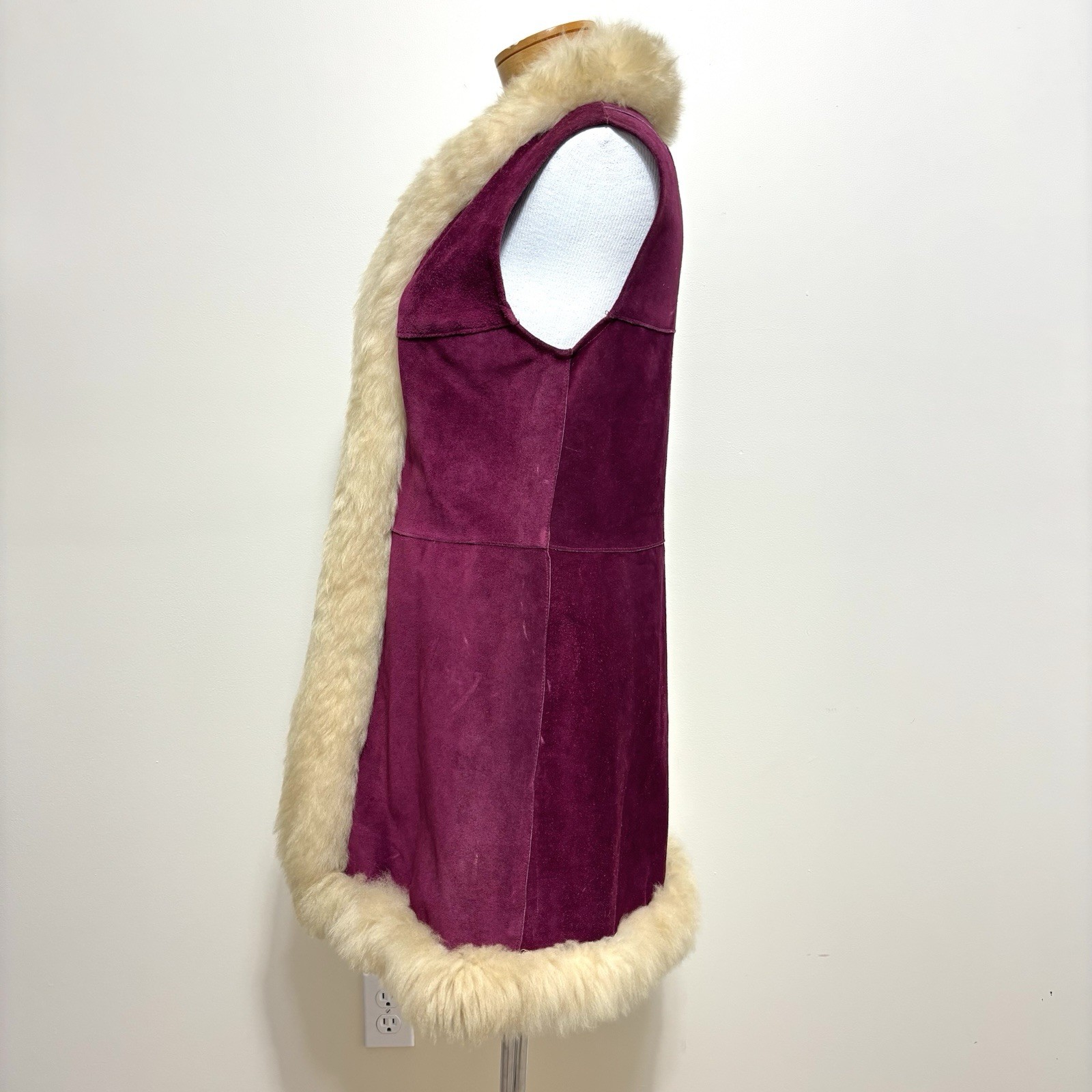 Vtg 60s 70s Penny Lane Burgundy Suede & Lamb Shearling Vest Hippie Afghan Coat S