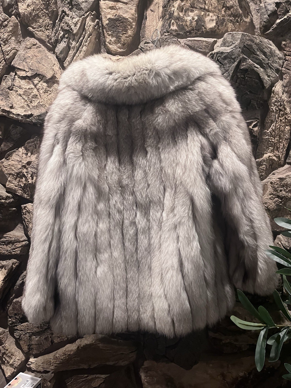 Gray blue fox Fur Collared Mid-Length Women’s Overcoat Long Sleeve