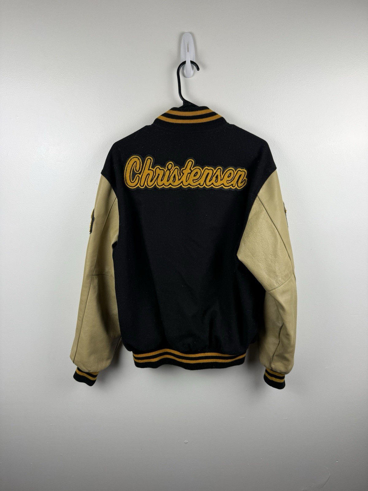 Varsity Letterman W Viking Black Yellow Beige Wool Leather Jacket Size Medium