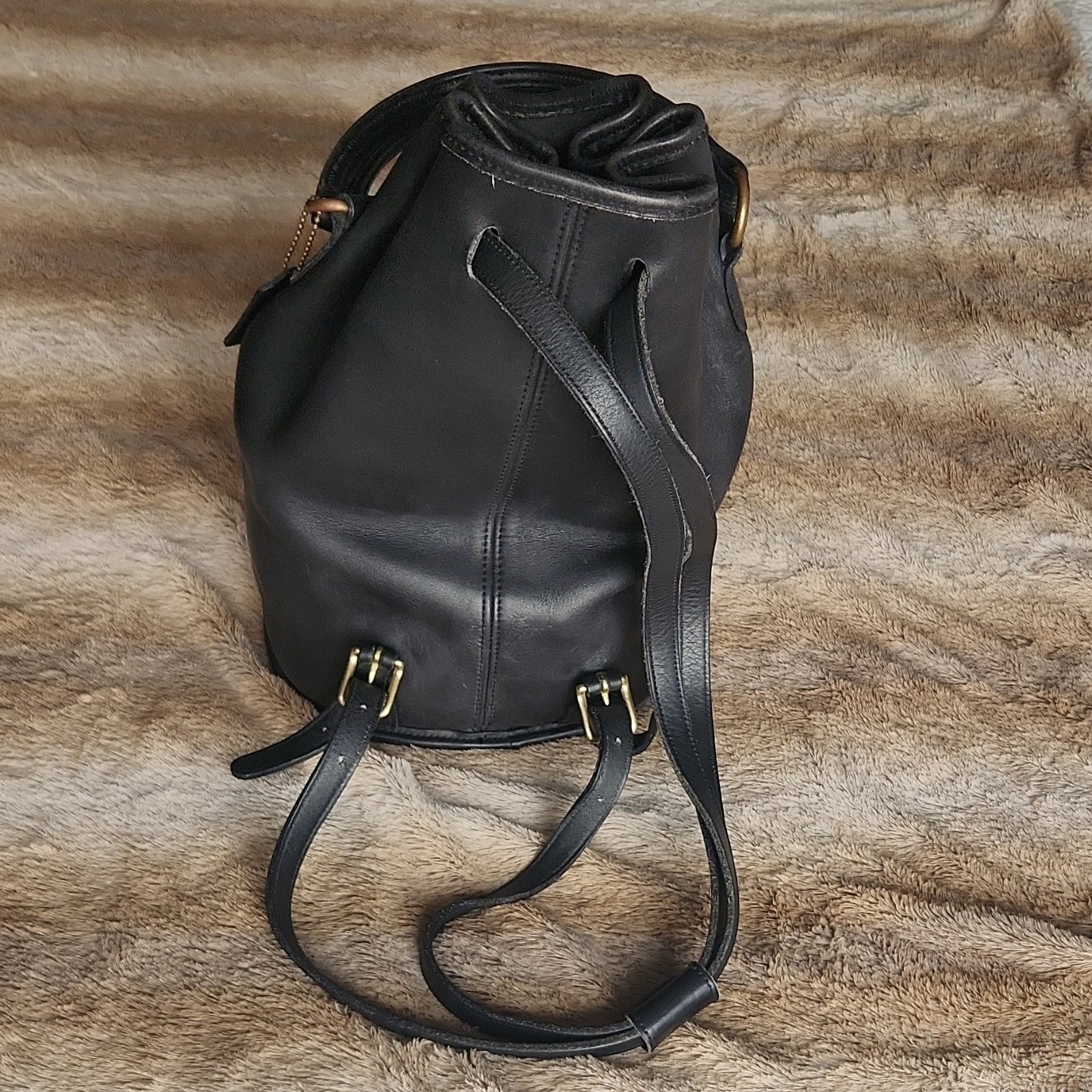 Coach Black Bucket Backpack, Drawstring & Turn Lock, Brass Hardware, Charm, 9992
