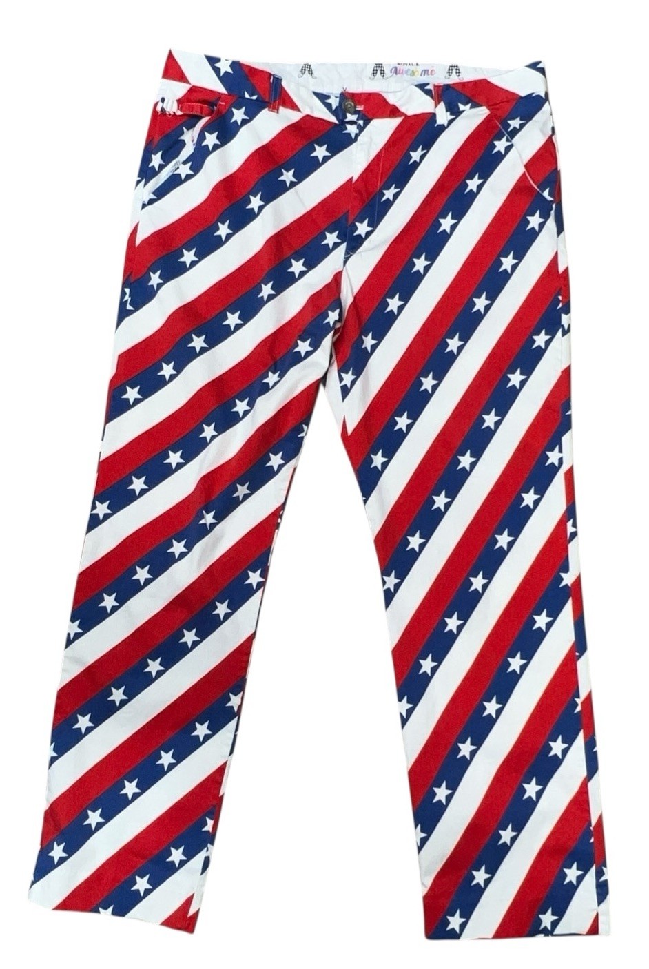 Royal & Awesome Pars and Stripes Trousers Golf Pants 40×32 Stars Red White