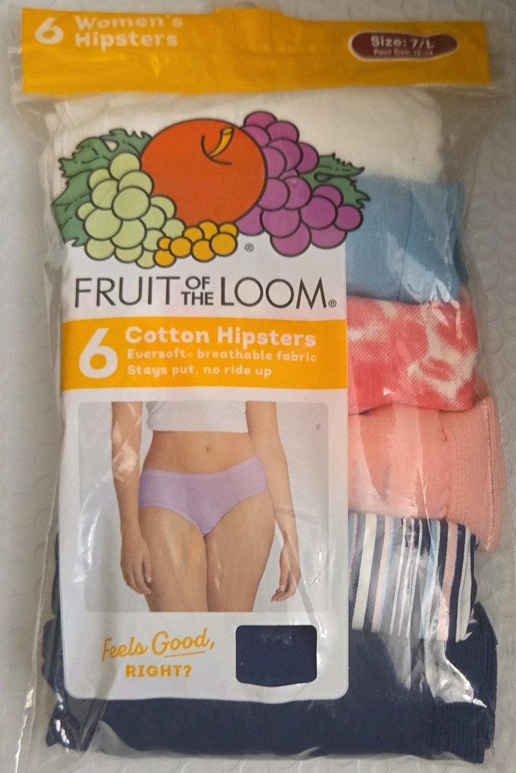 NEW Fruit Of The Loom Hipster Panty Assorted 6 Pack Size 7 / L Pant Size 12-14
