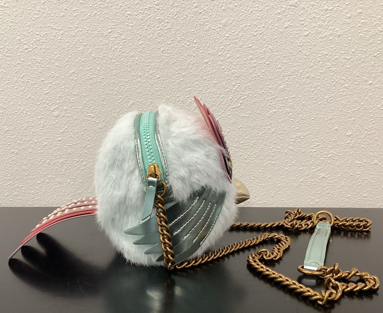 Kurt Geiger Faux Fur Soft Eagle Bag 6″ x 6″ x 4.5″ Crossbody Blue Pink Crystals