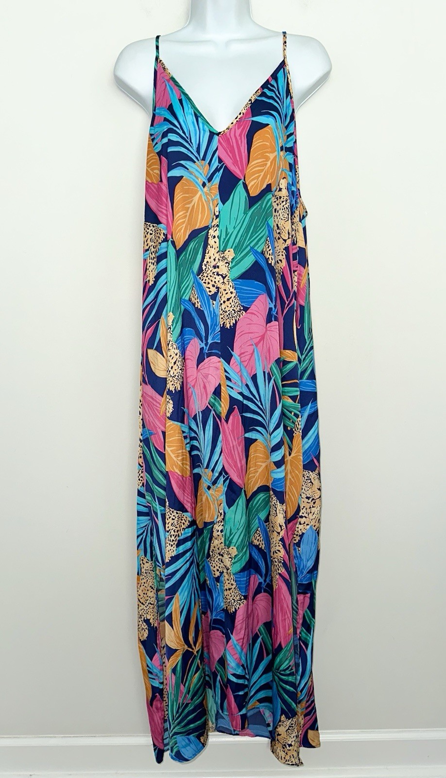 Van Winkle & Co Jungle Sleeveless V Neck Maxi Satin Chemise Nightgown Size 1X