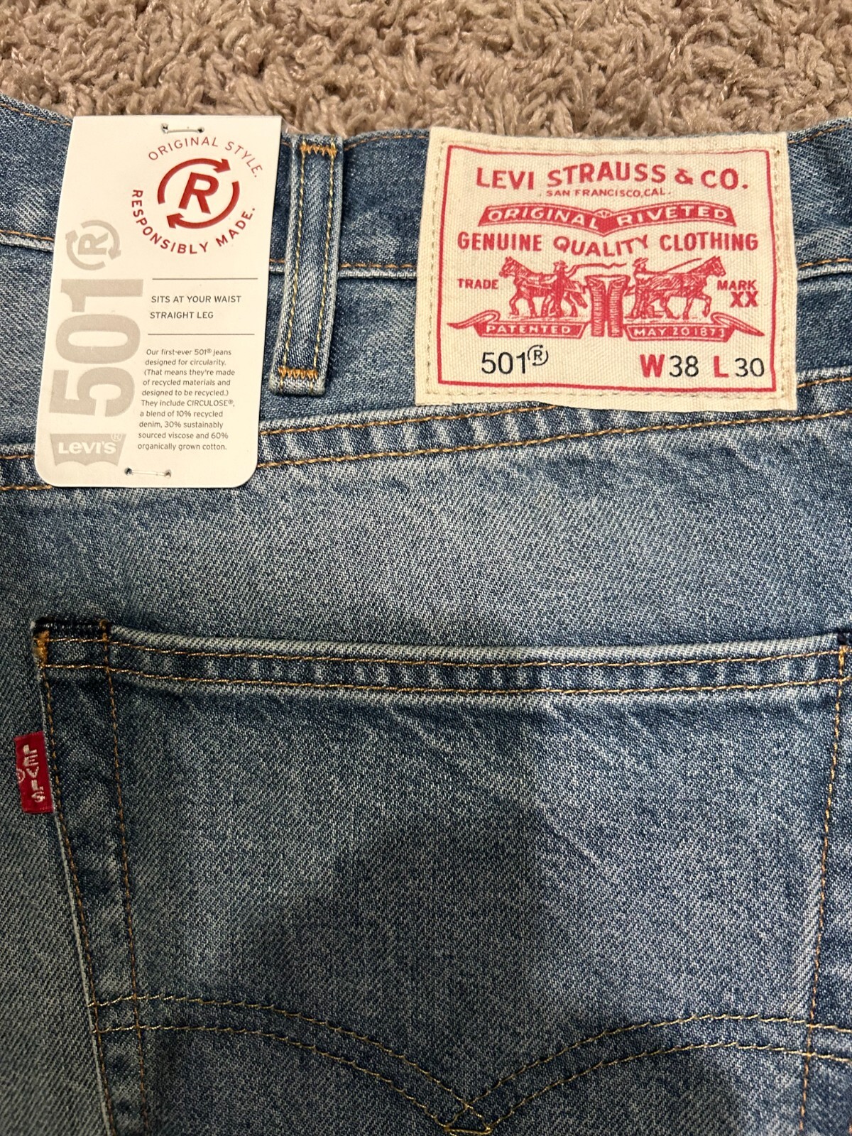 Levi’s Premium 501 Original Fit Circular Jeans Blue Size 38X30 NWT RT$108 3632