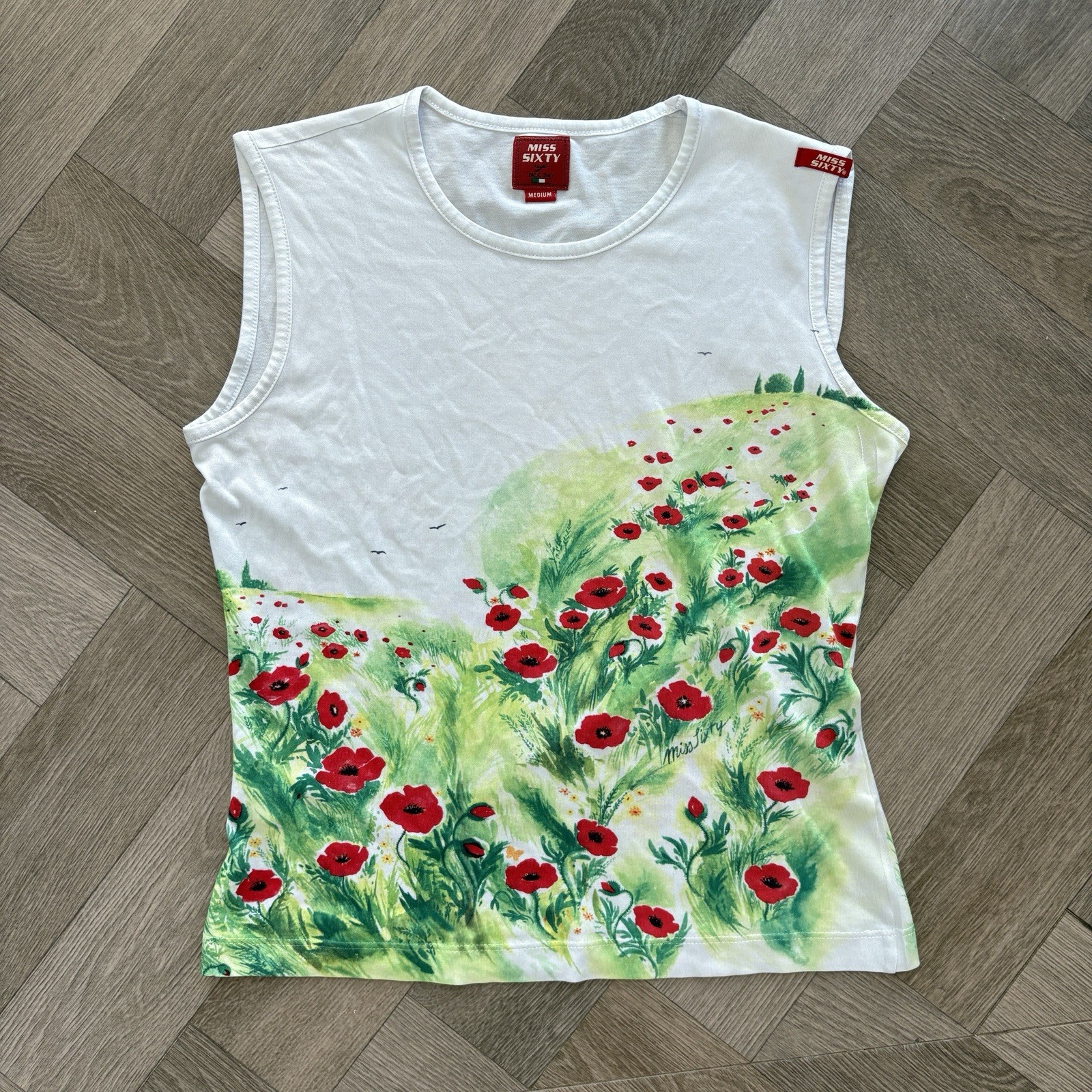 MISS SIXTY 2002 Poppy Field Tank Top Y2K White Floral Landscape Graphic Vest Med