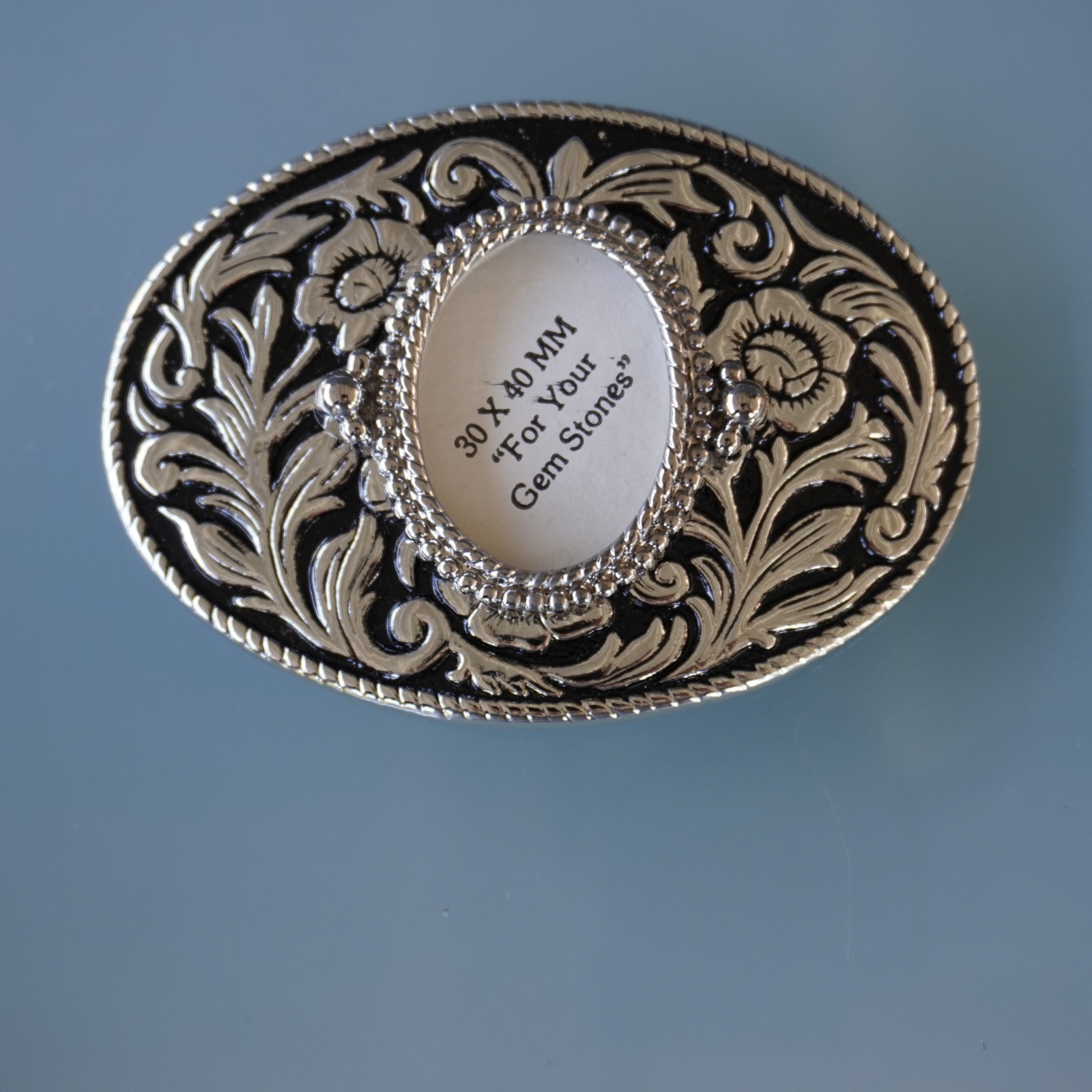 Vintage Western Belt Buckle Blank 30x40mm Cabochon Frame Floral Silver Made in U