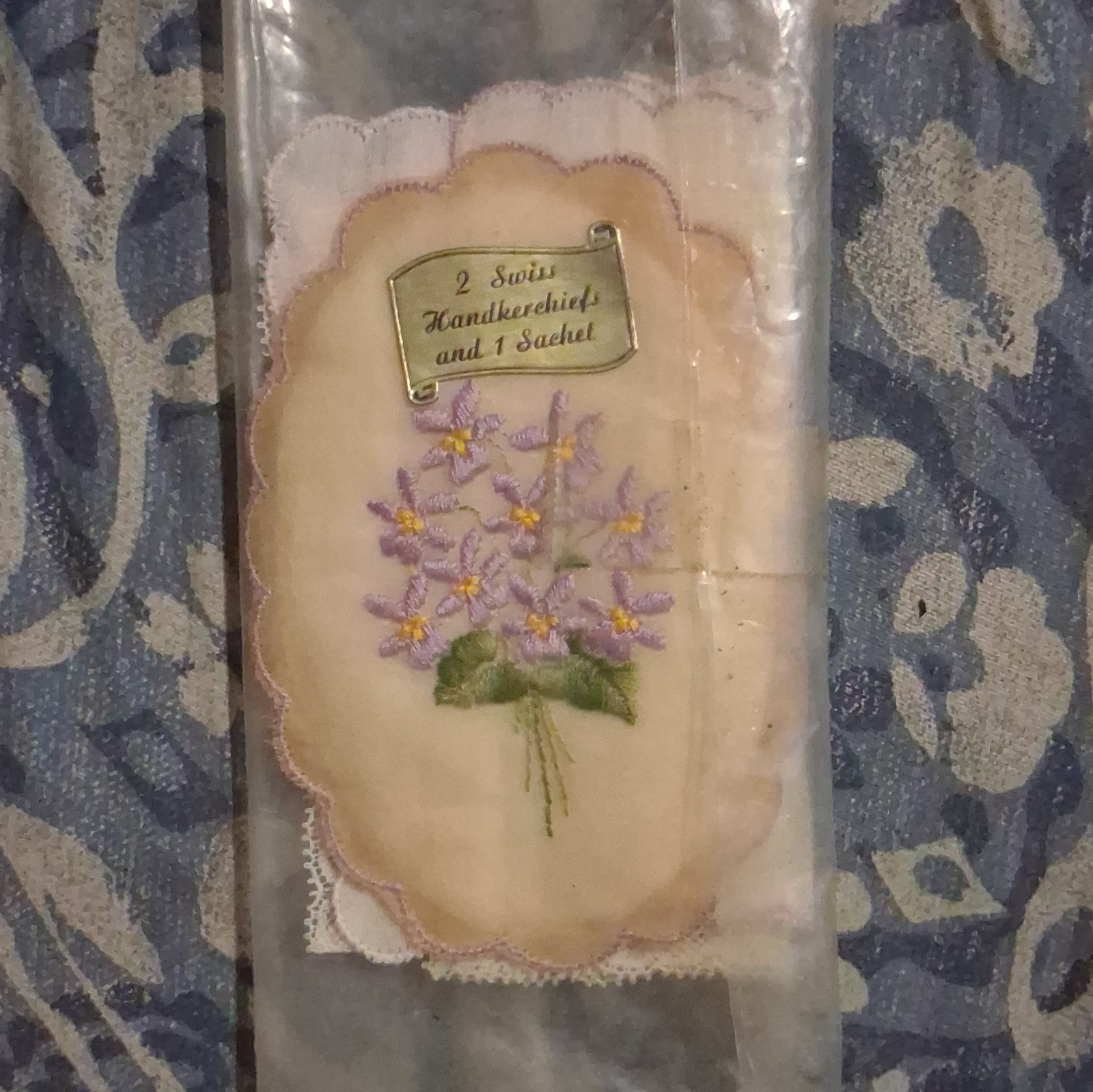 2 Swiss Embroidered Floral Handkerchiefs w/ Sachet Pink Purple Green White