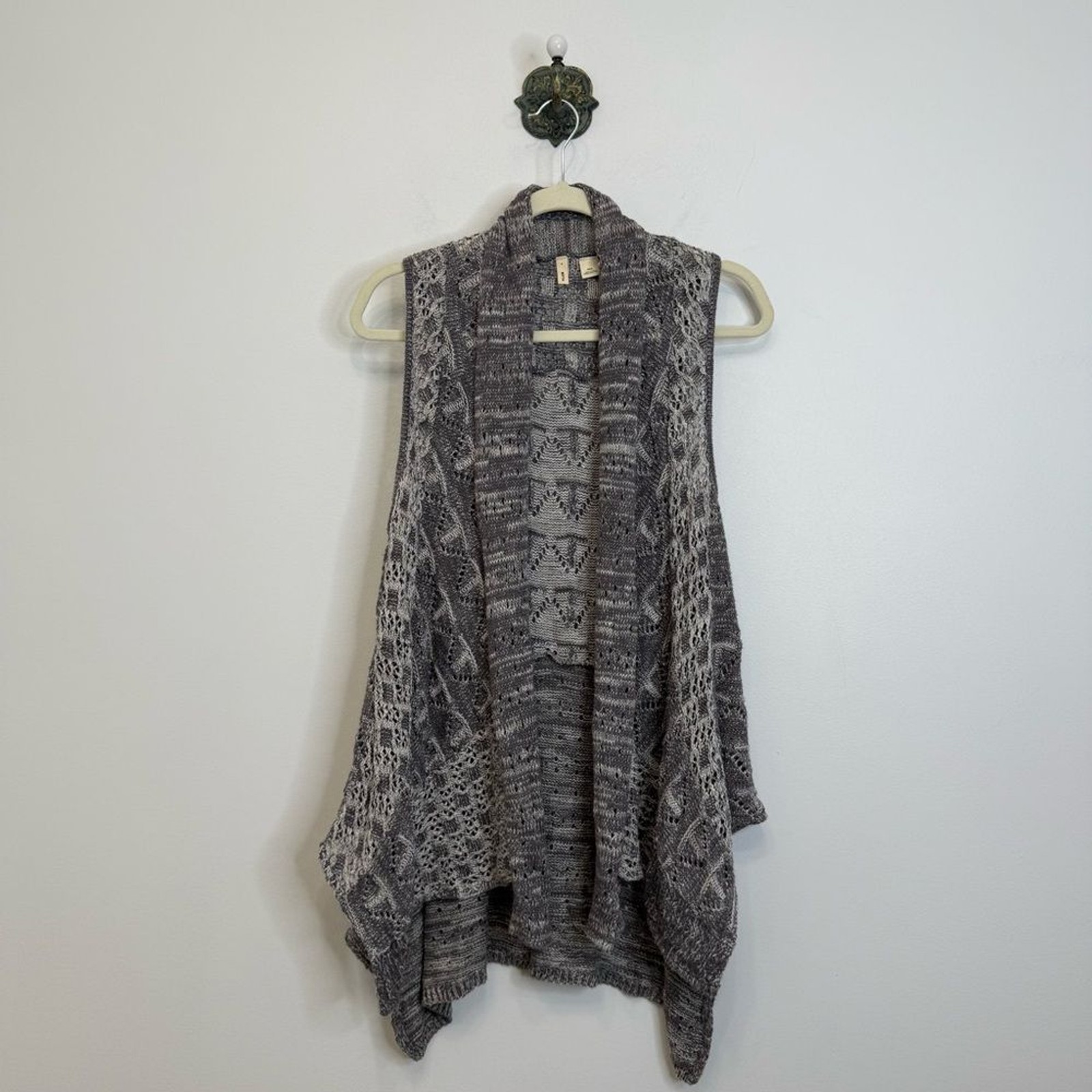 Moth Gray Lavena Pointelle Draped Open Front Cardigan Sweater Vest Women XS/S