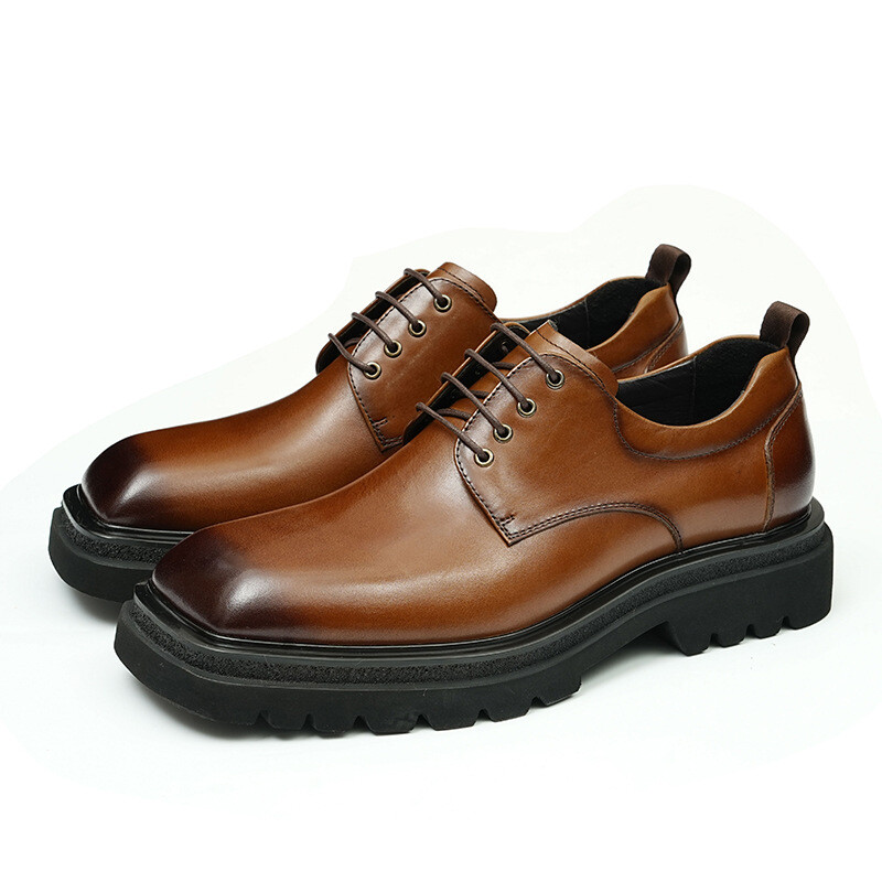 Men’s 100% Real Leather Square Toe Derby Shoes Wedding Platform Business Lace Up