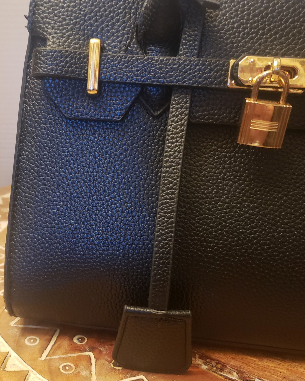 Black Satchel Handbag with Padlock and Gold-tone Hardware