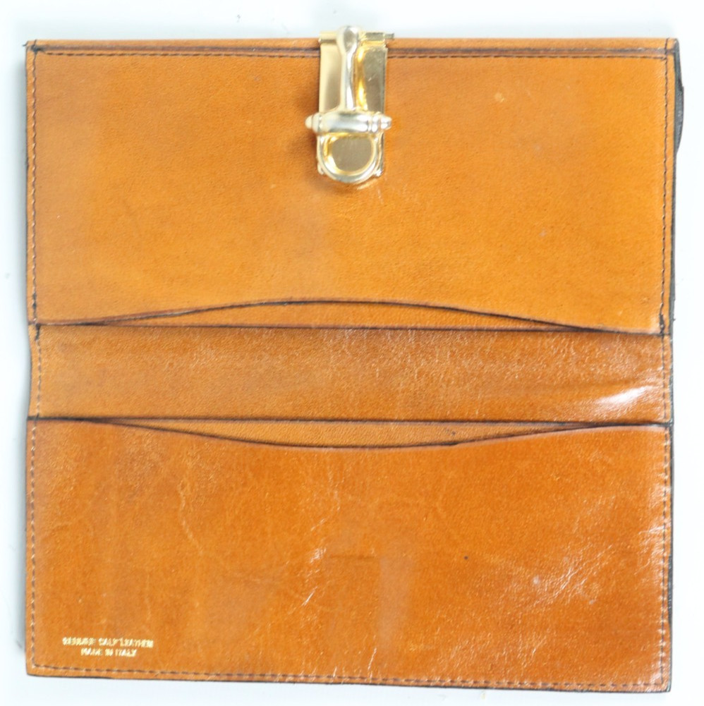 Vtg ITALY Beige Calf Leather Bifold Wallet Checkbook Organizer w/ Gold Horsebit