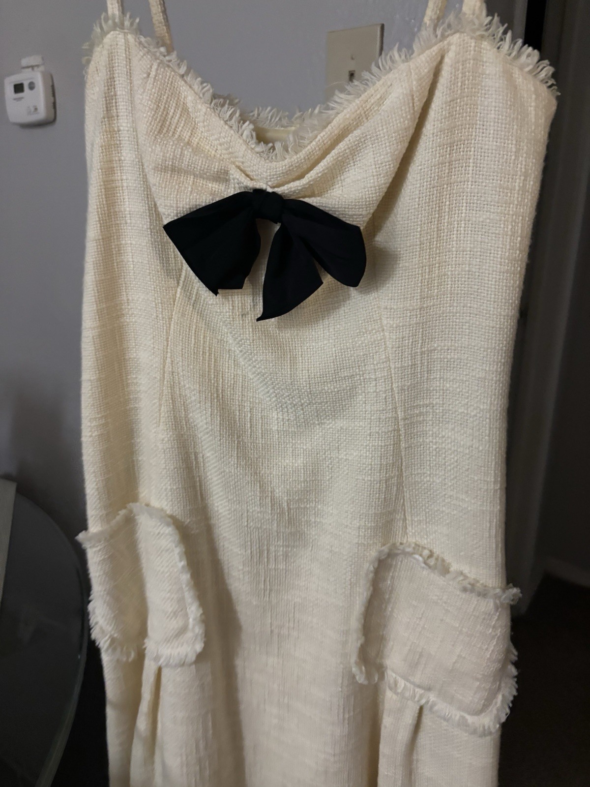 Moschino Cheap and Chic Ivory/Black Tweed Shift Dress Bow Fringe Sz 8