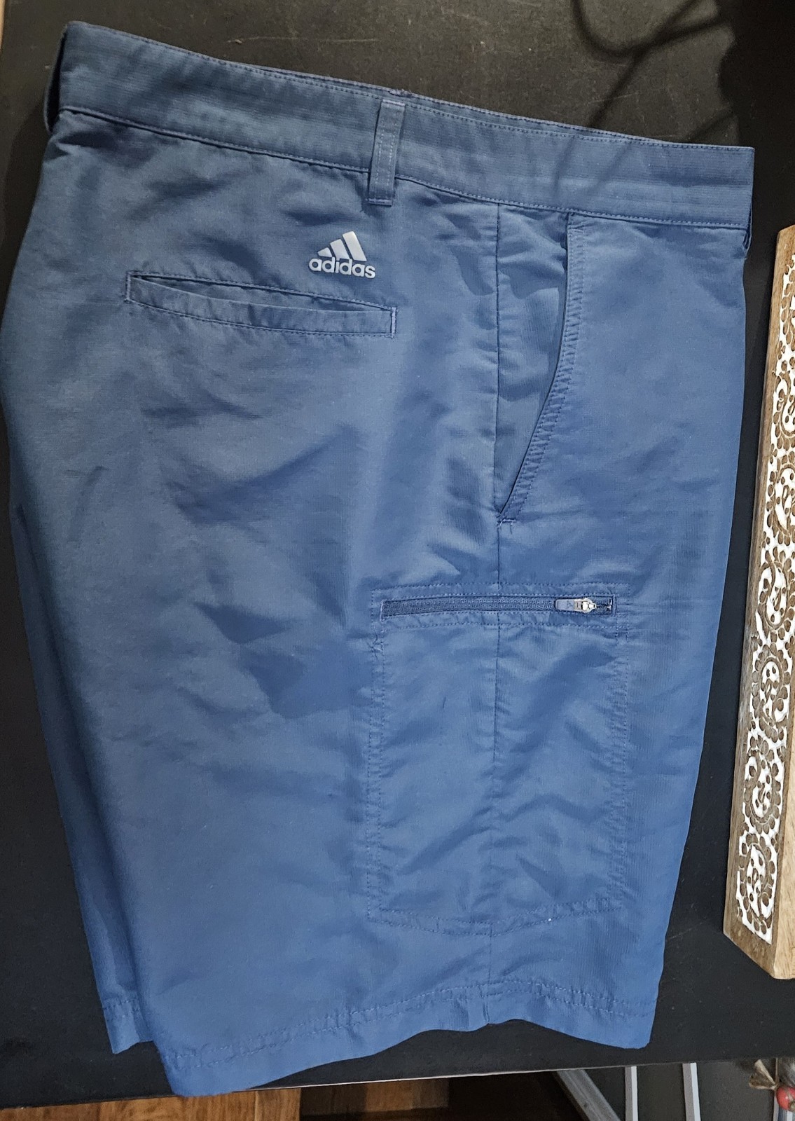 adidas Men’s Blue Solid Flat Front Shorts Button Closure Zipper Pockets