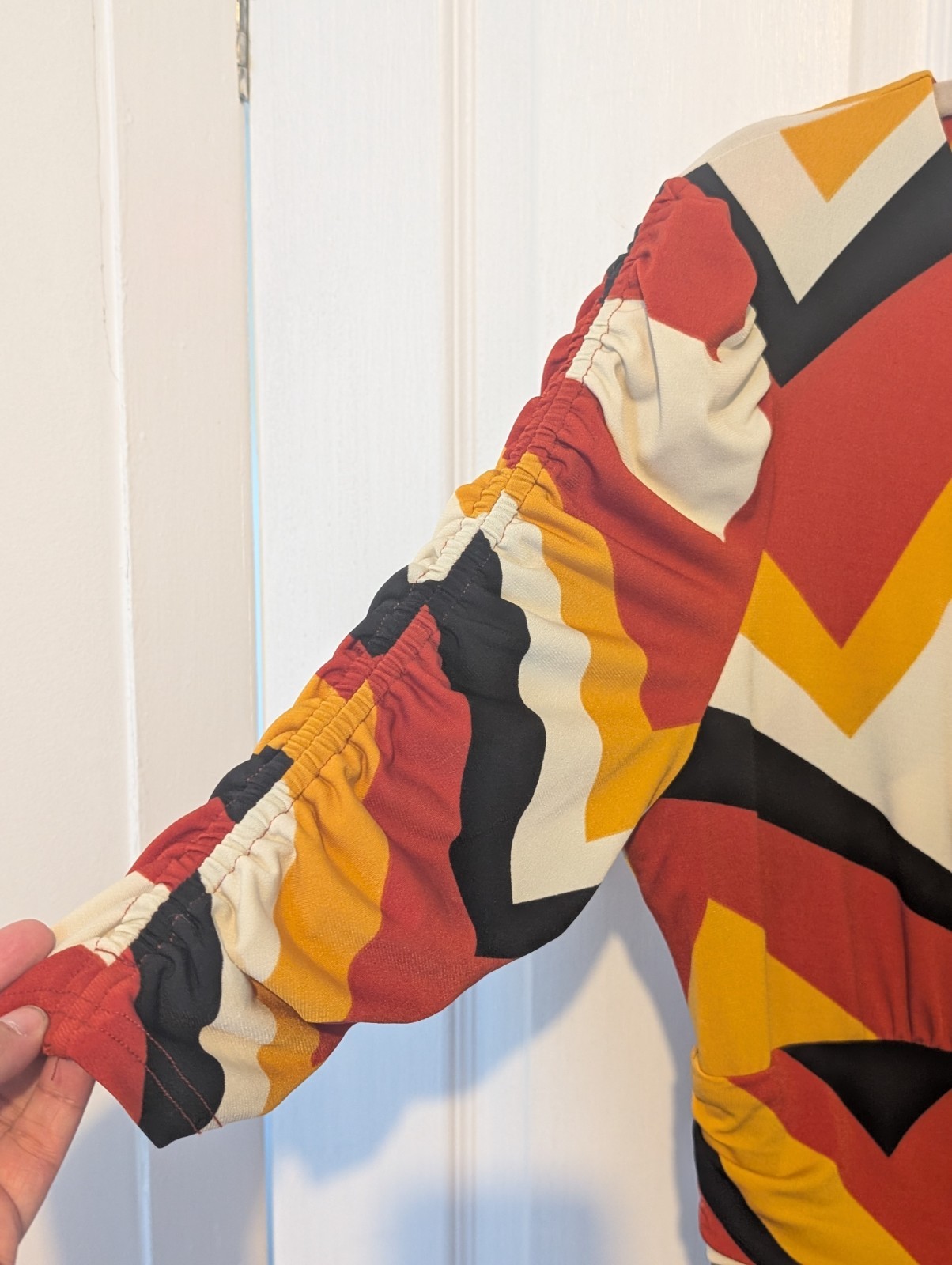 Jolie Moi Bold Chevron Print Midi Dress Size 18 Ruched Sleeve Pockets Retro 70s