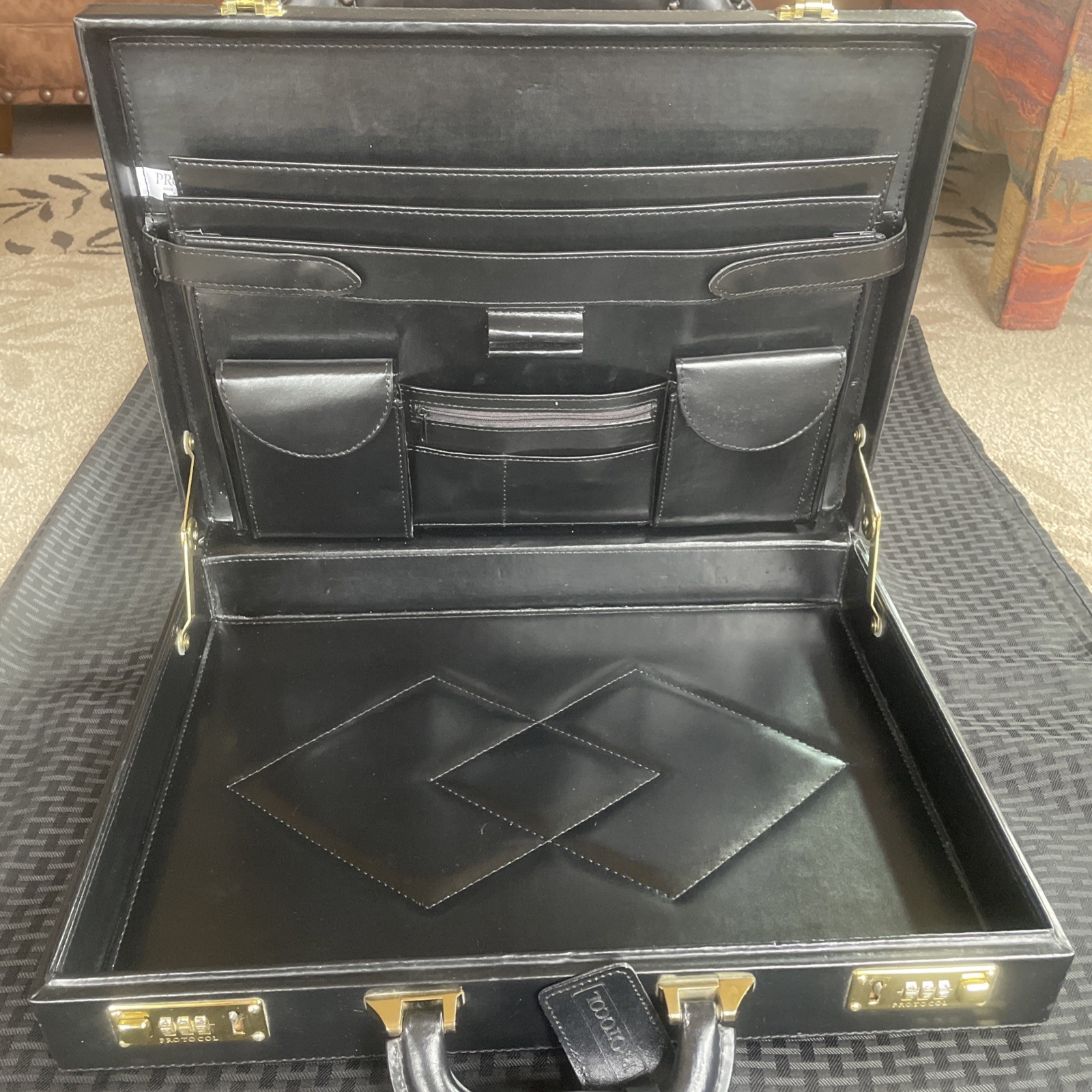 Vintage Protocol Black Hard Attache Briefcase 18″ Dual Combination Locks Clean