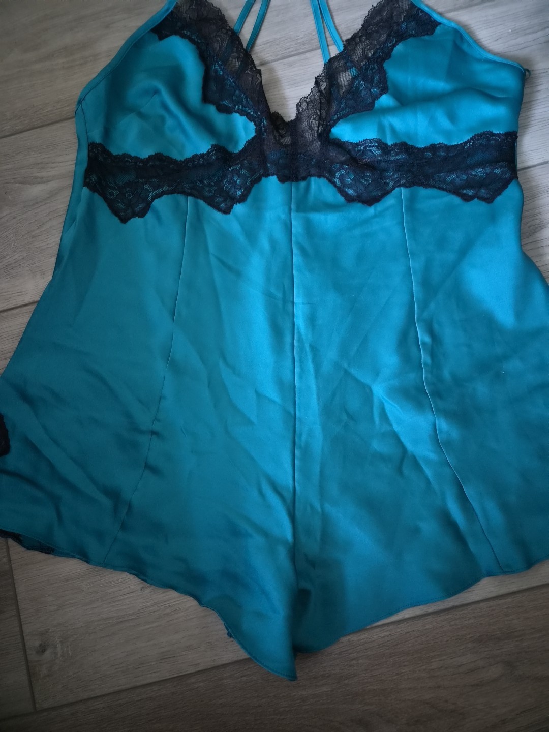 Ann Summers Teal Blue/Green Satin & Black Lace Playsuit Size Medium 12-14