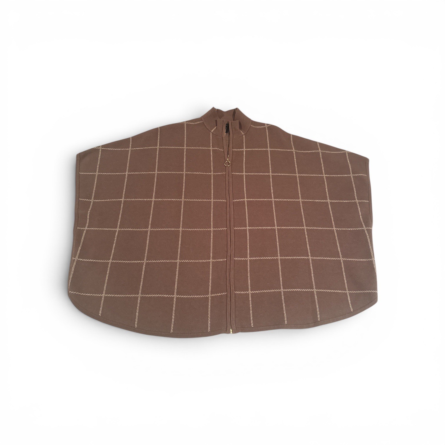 Tahari Women’s Full Zip Mock Neck Poncho Sweater Tan/Plaid Sz S/M – NWT A1-0009D