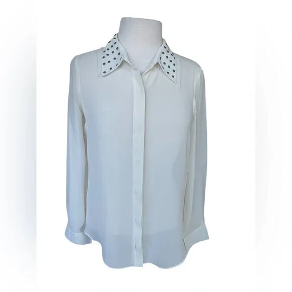 Walter Baker Blouse Sheer Ivory Embellished Beaded Collar Small Office Career