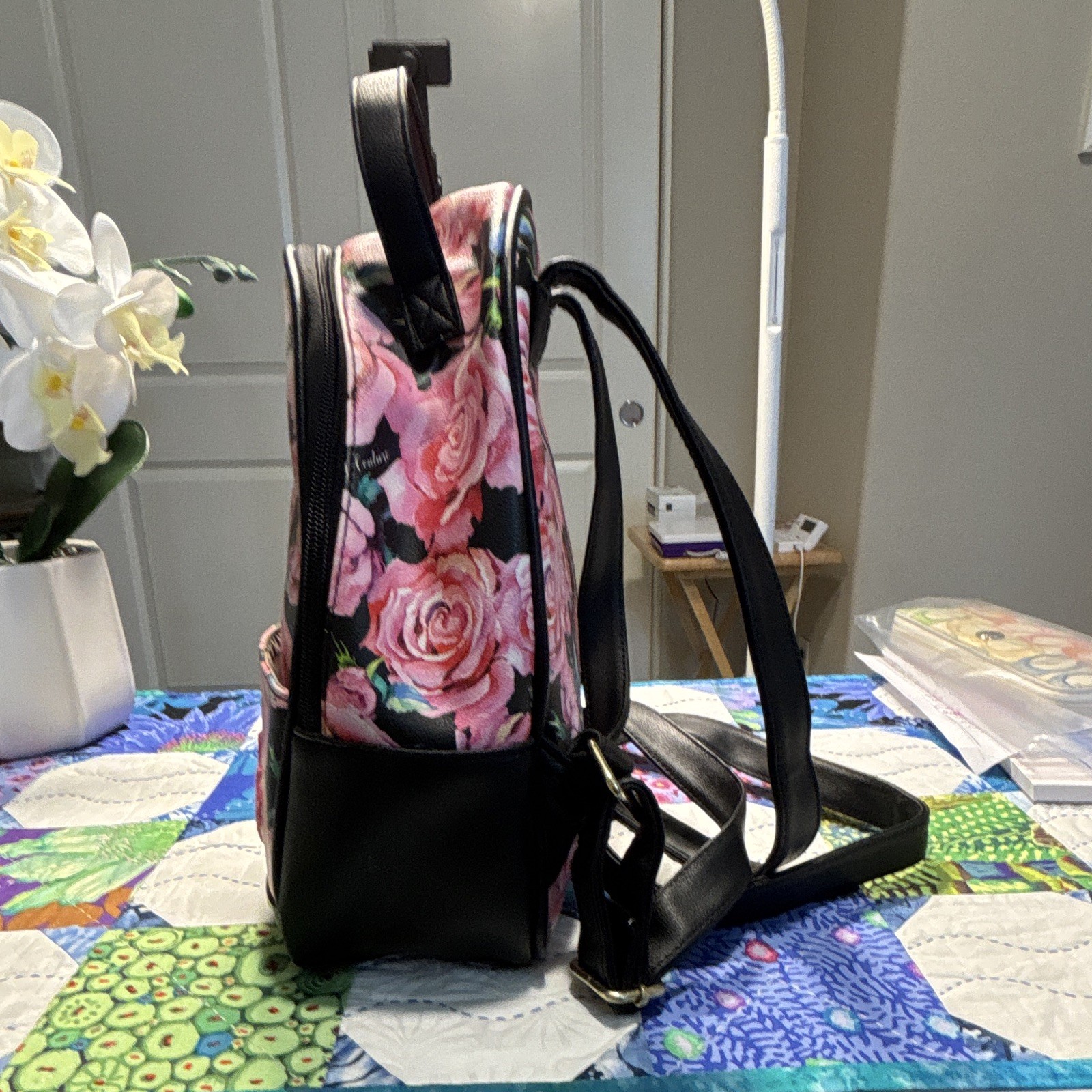 Juicy Couture Floral Rose Print Small Backpack Black/Pink Gold Studs Zip