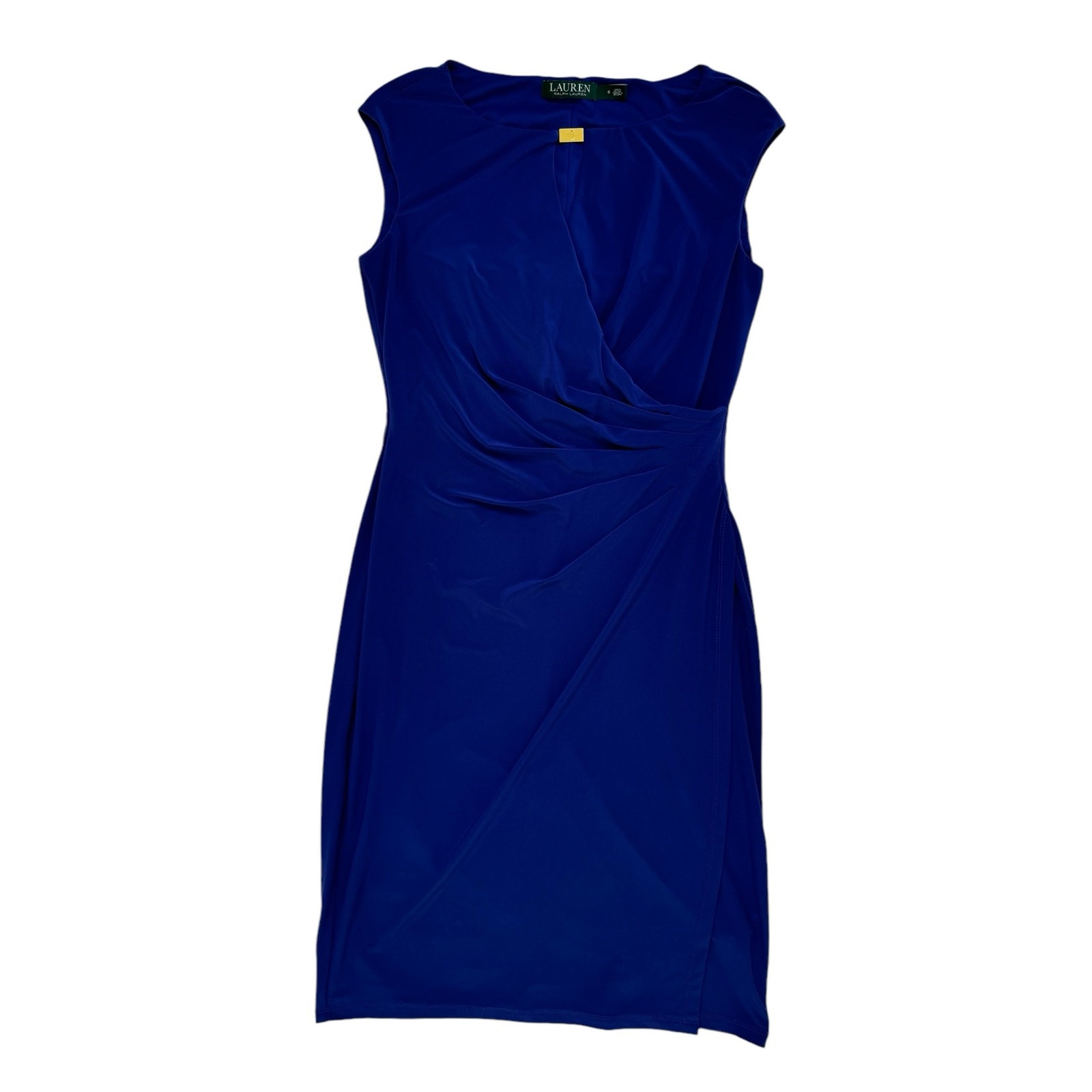 RALPH LAUREN LRL Cobalt Blue Keyhole Gold Logo Faux Wrap Dress Sz 6 Jersey Knit