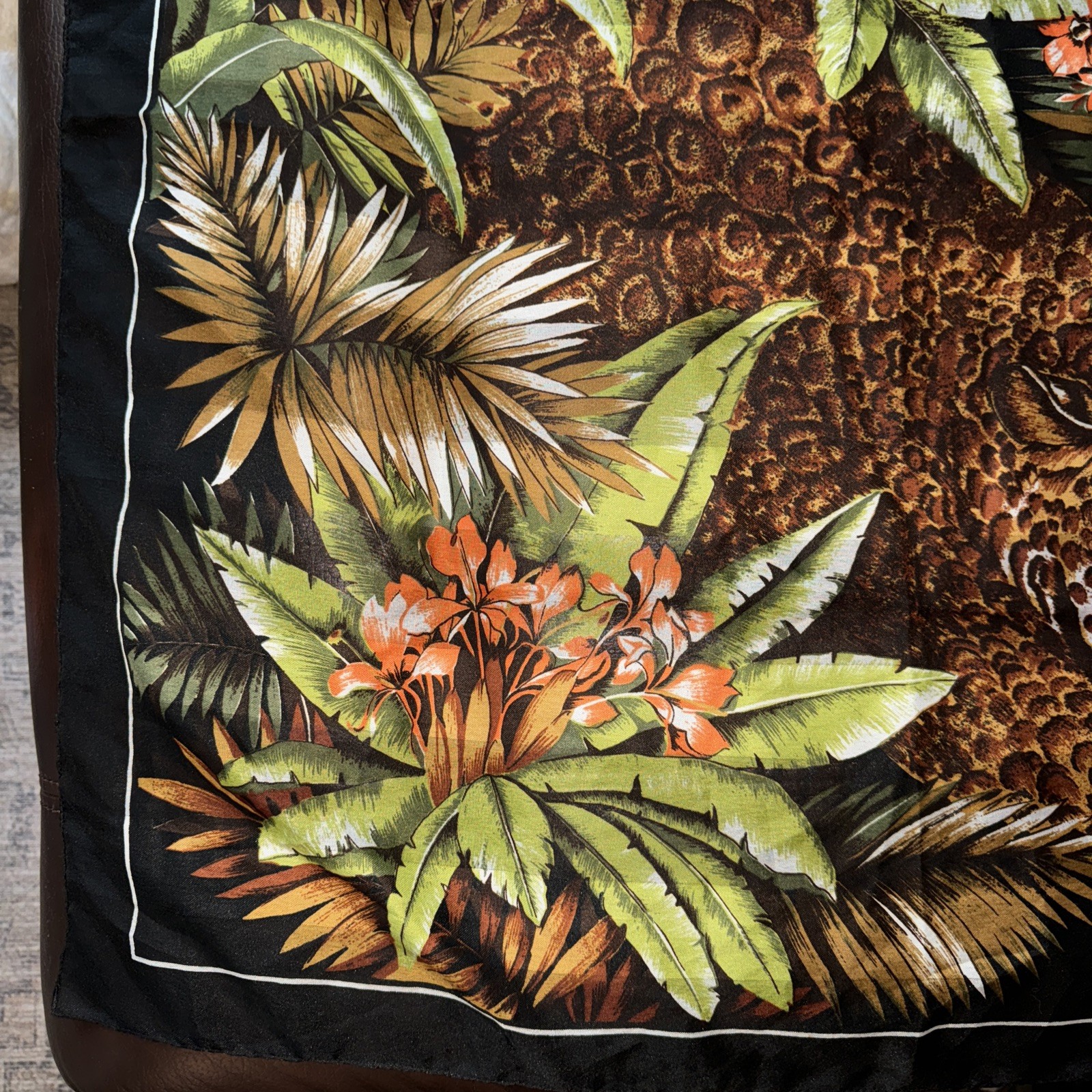 Fabulous Jungle Print Leopard Scarf 30.5” Square Ghost Stripe Hand Rolled Hem