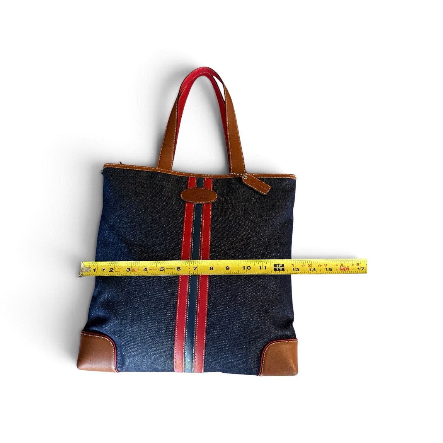 Vintage Coach 2003 Varsity Stripe Denim Leather City Tote Bag | Excellent