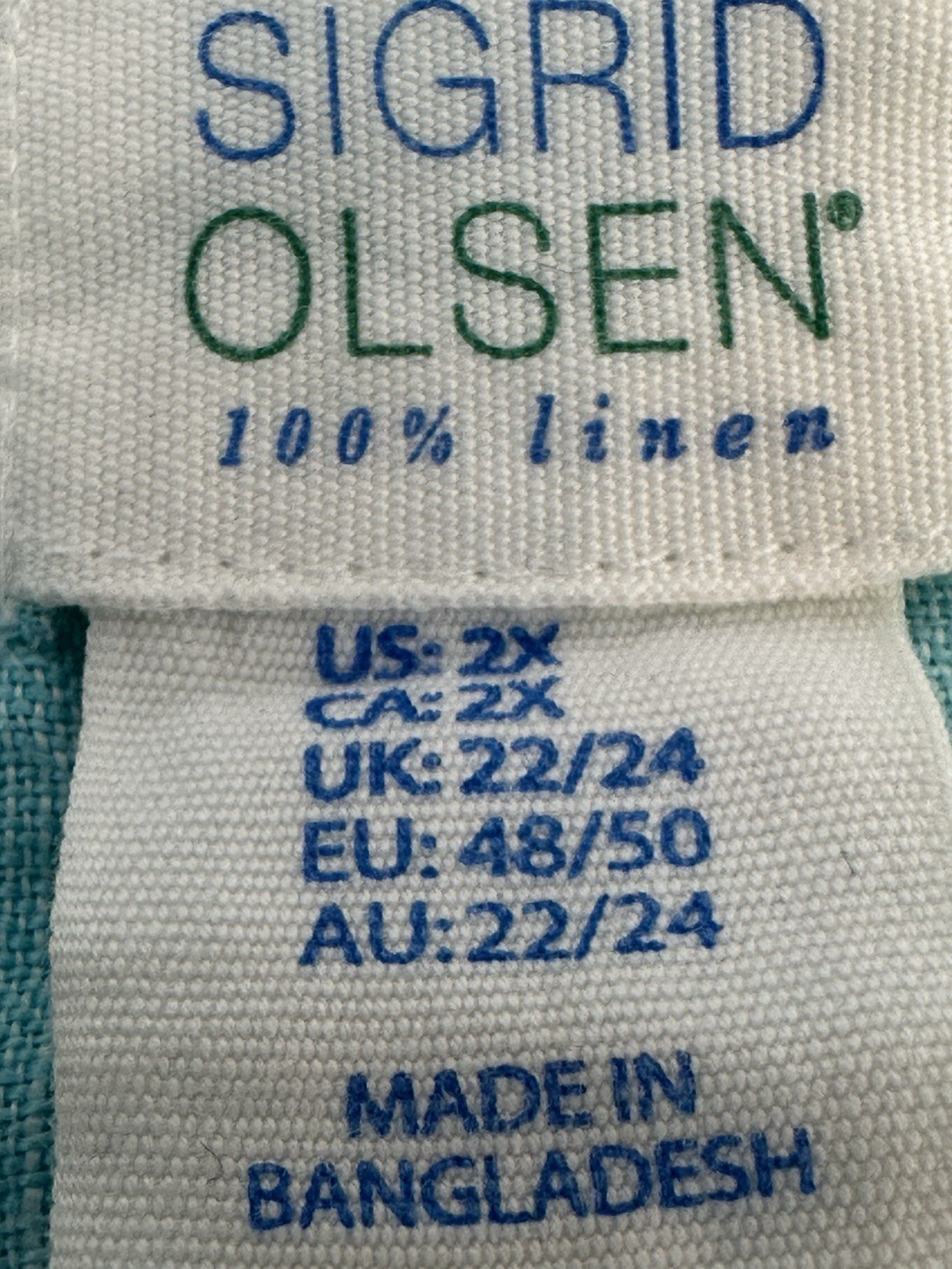 Sigrid Olsen Womans 100% Linen Button Up Shirt Aqua Blue Plus Size 2X READ