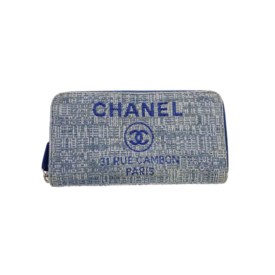 Authentic Chanel Deauville Line CoCo Mark Tweed Long Wallet Round Zipper Indigo