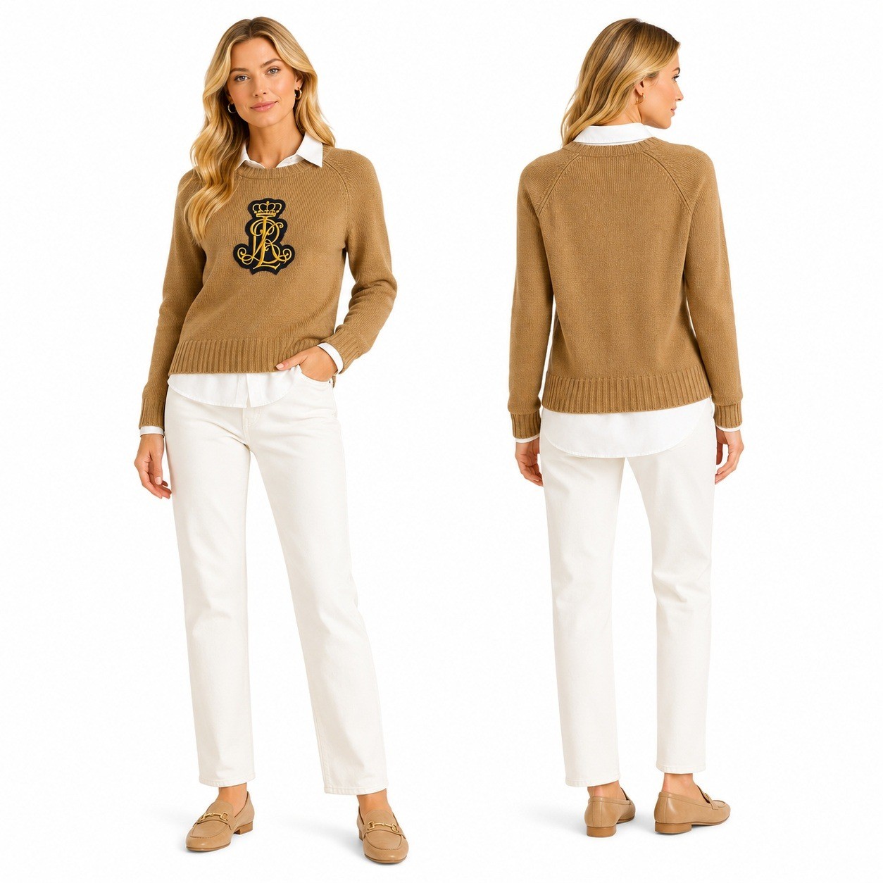 Lauren Ralph Lauren Layered Crest Sweater Camel Tan White Collar RLMWB-G L
