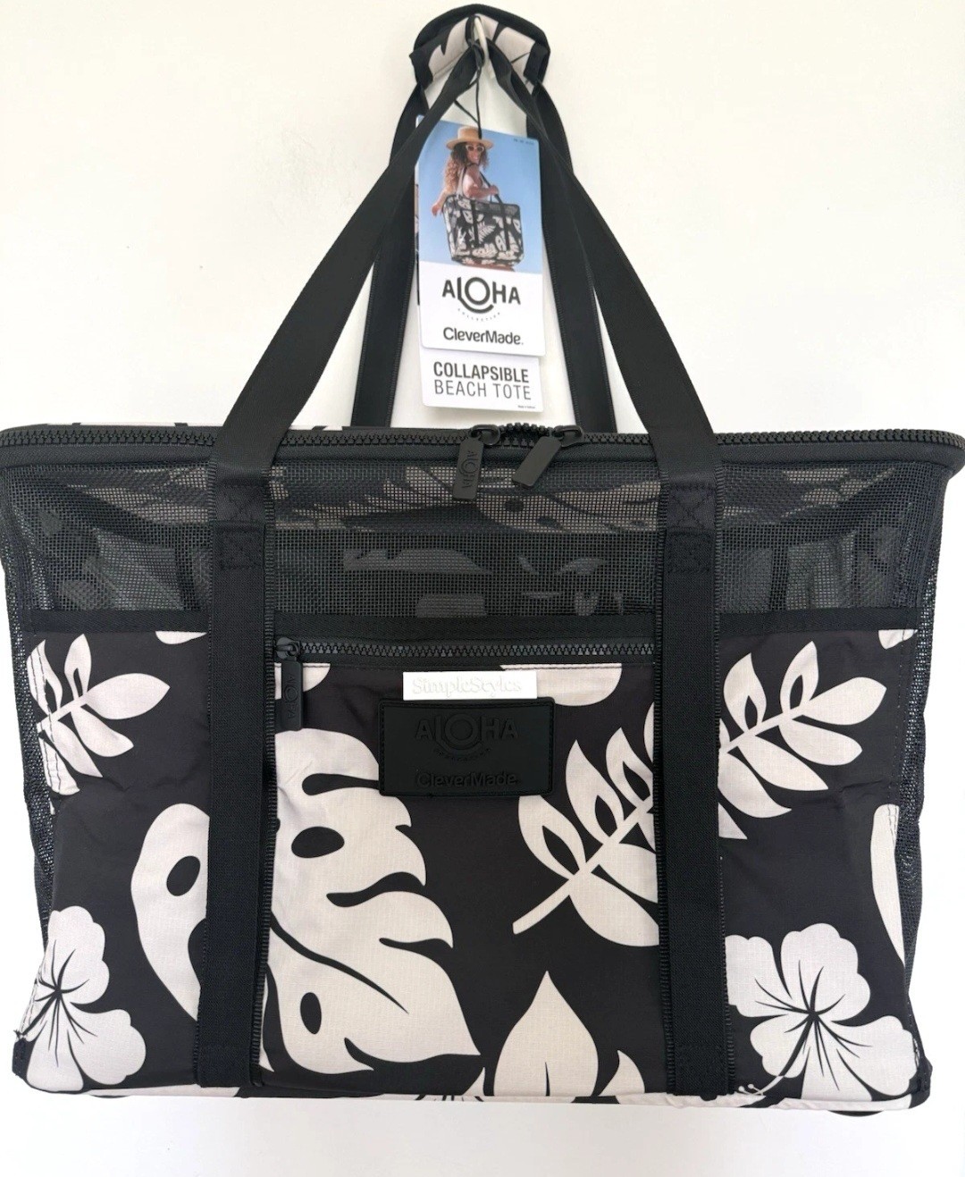 NWT Aloha Collection X Clevermade Collapsible Beach Tote Costco Black Tropical