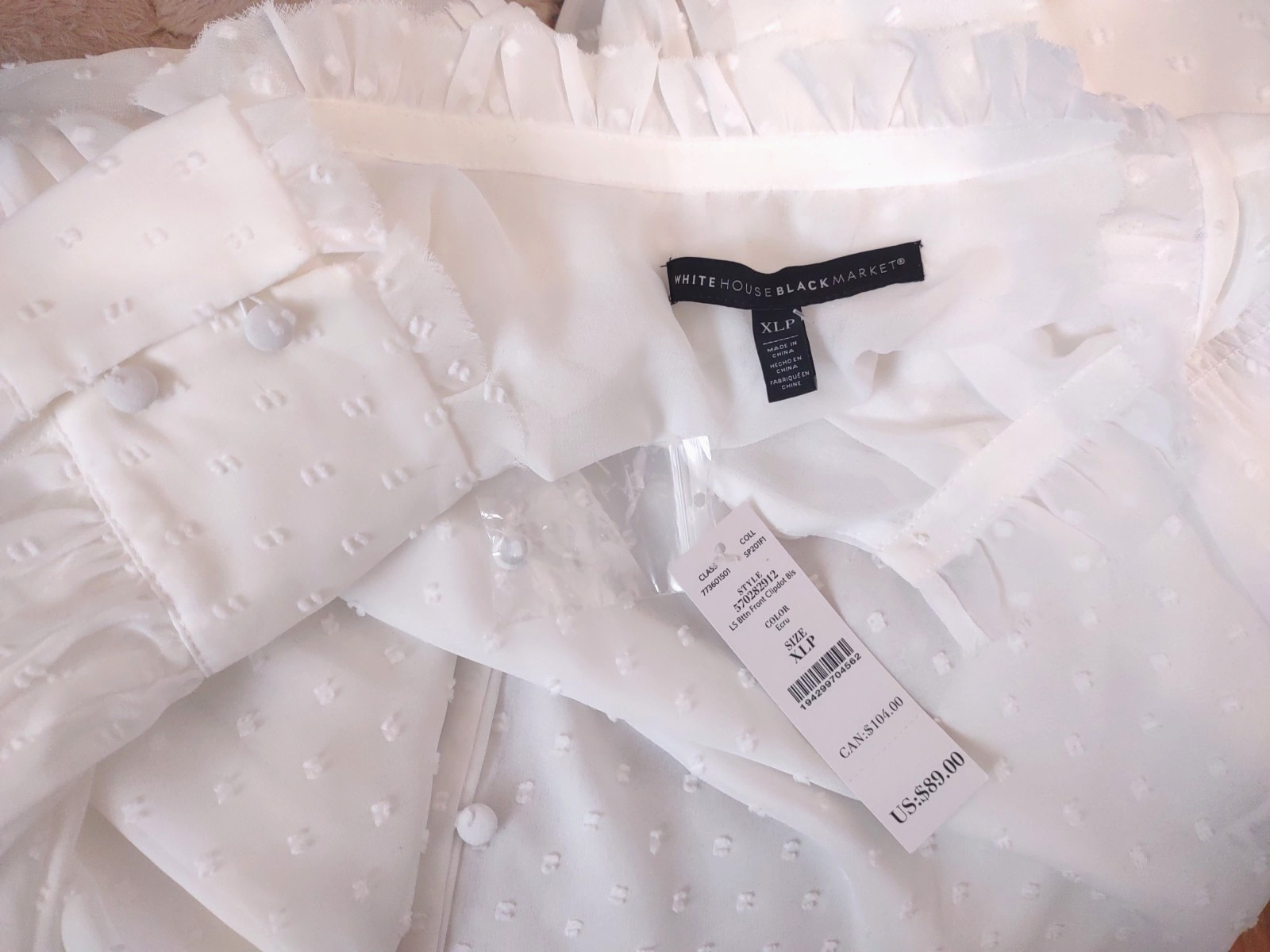 White House Black Market Swiss Dot Button Down Chiffon Blouse XLP Petite NEW