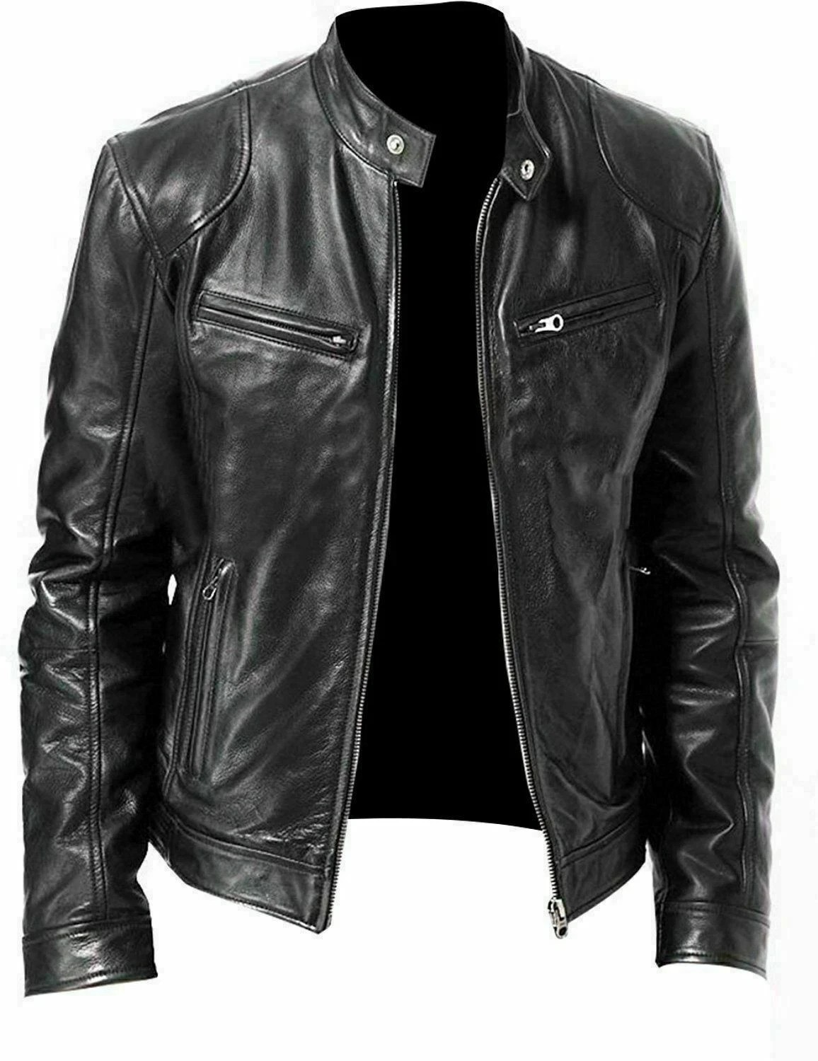 Men’s Genuine Sheepskin Leather Black Motorcycle Jacket Cafe Racer Coat Biker