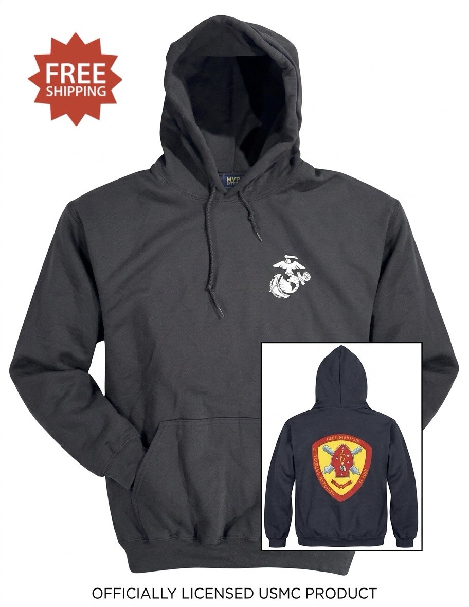 US MARINE CORPS USMC “10TH MARINES REGIMENT 2ND DIVISION” BLACK HOODIE – Size XL