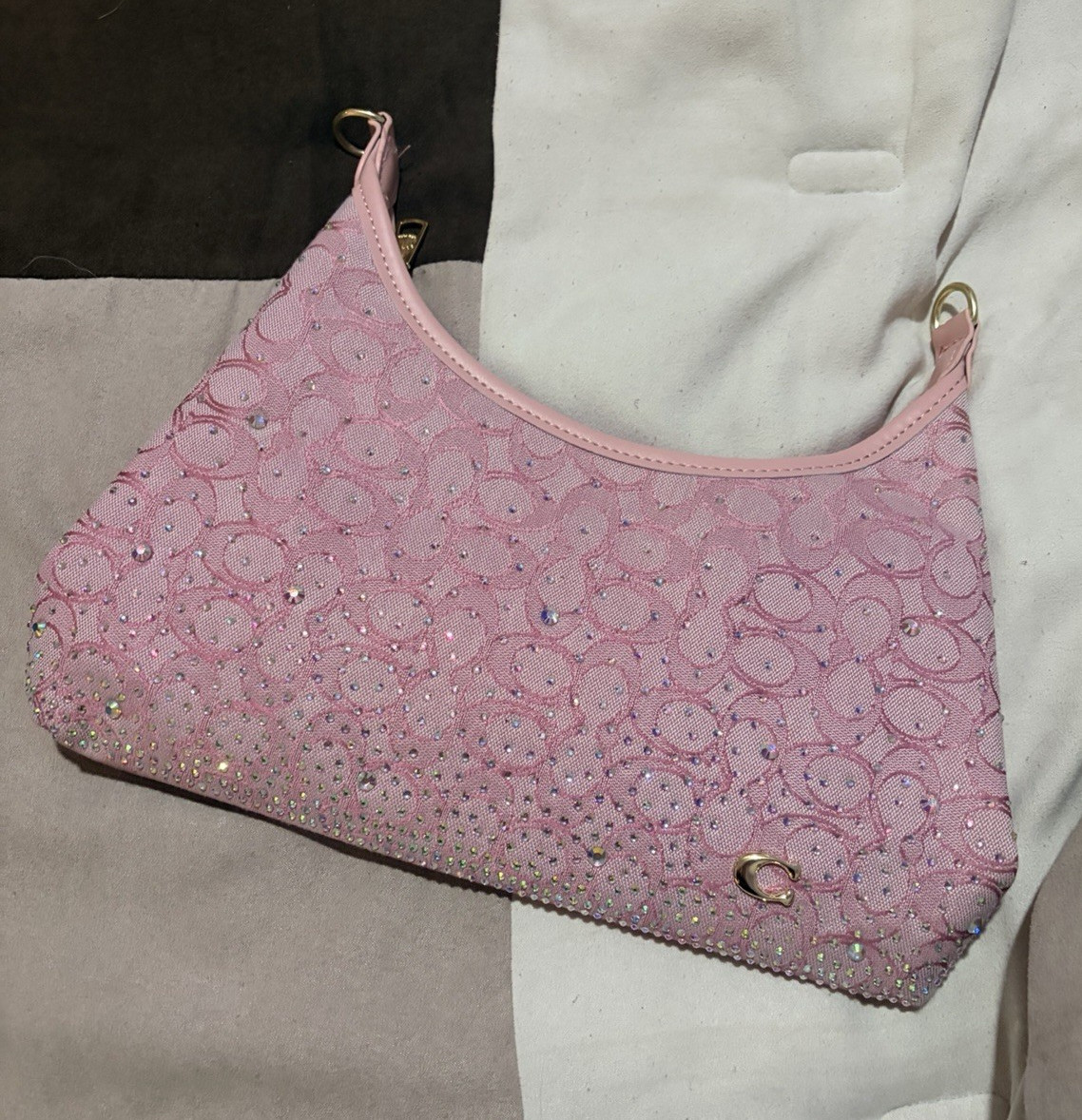 Coach Pink Signature Crescent Small Shoulder Bag Zip Closure Detachable Strap