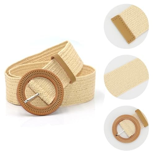 4 Pack Straw Woven Elastic Stretch Waist Belts, Boho Waist Braided Round Buckle